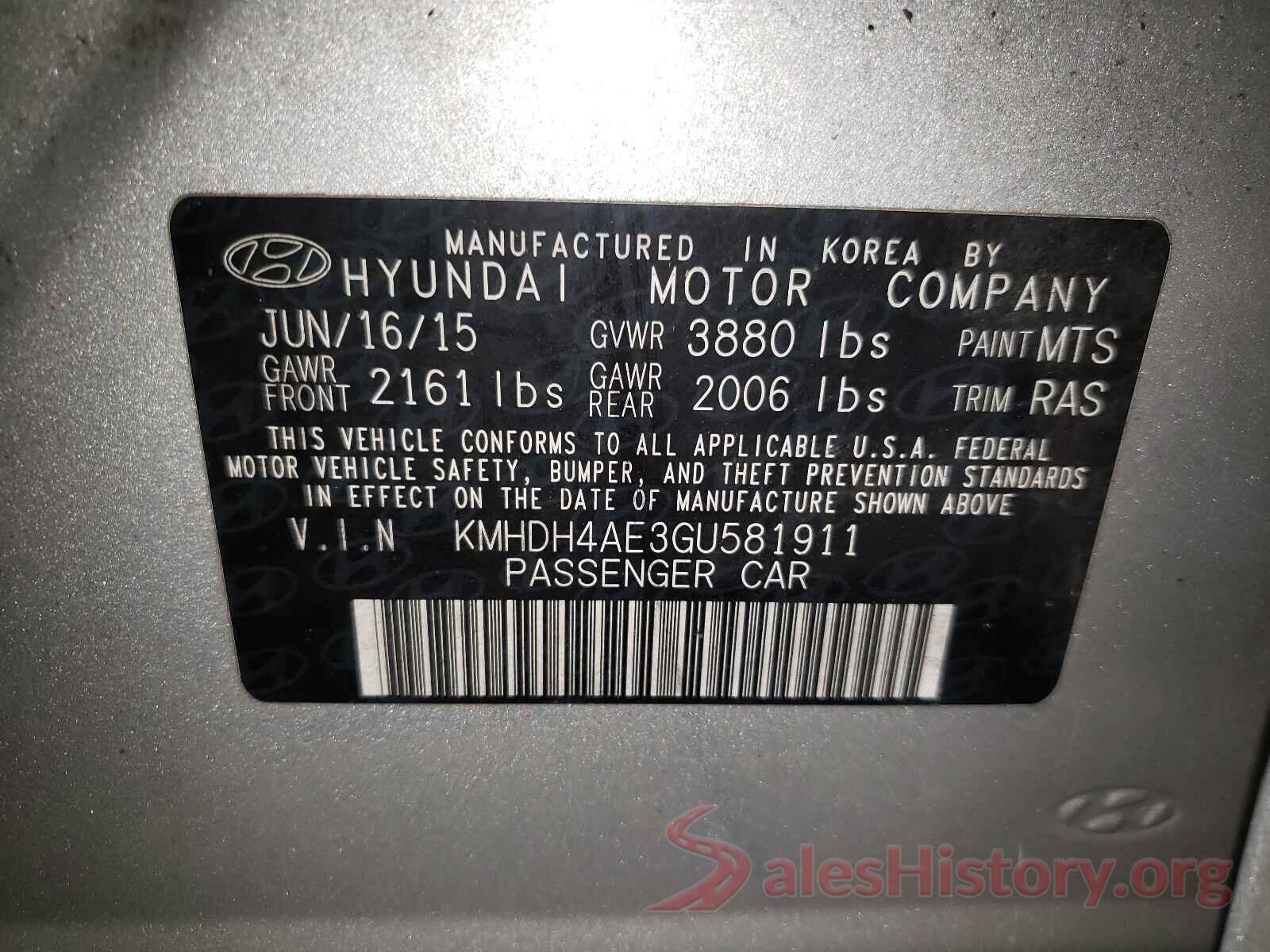 KMHDH4AE3GU581911 2016 HYUNDAI ELANTRA