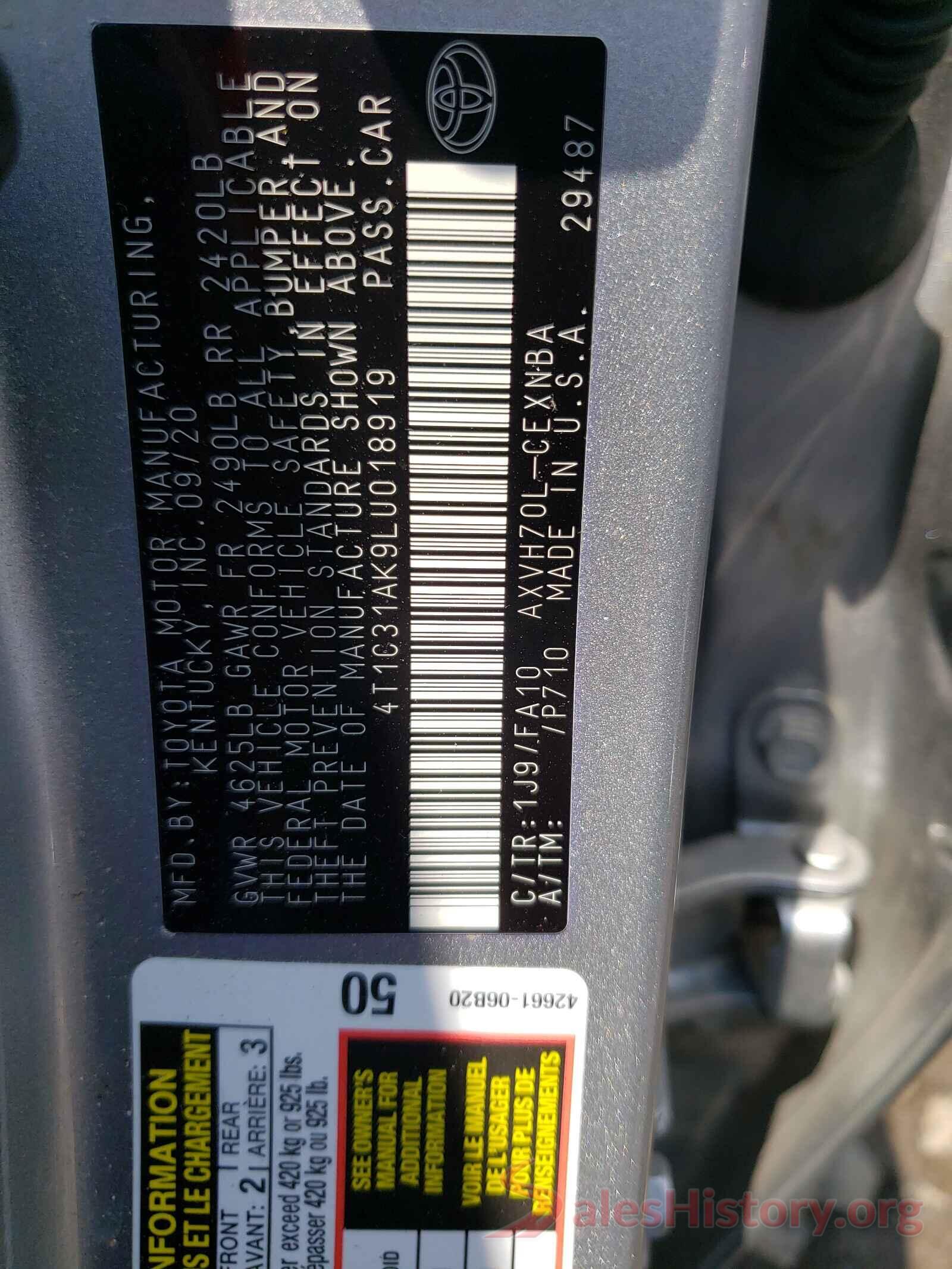 4T1C31AK9LU018919 2020 TOYOTA CAMRY