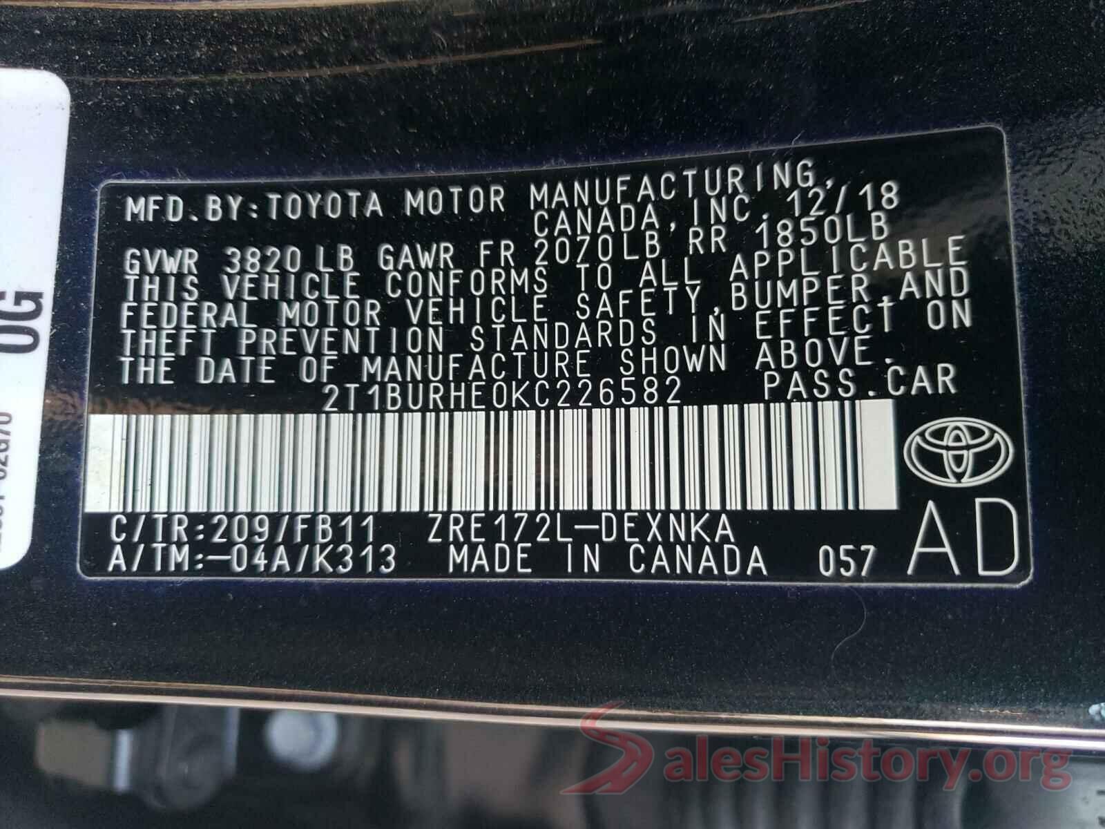 2T1BURHE0KC226582 2019 TOYOTA COROLLA