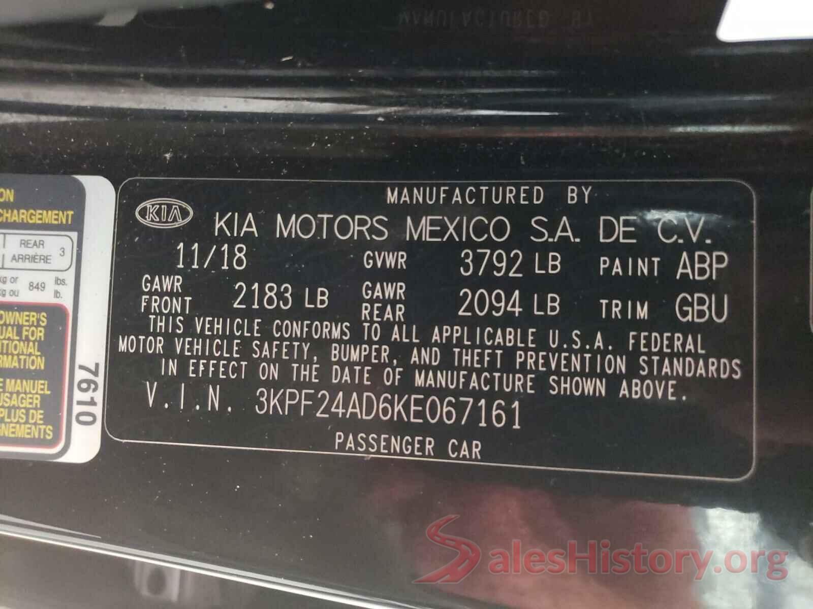 3KPF24AD6KE067161 2019 KIA FORTE