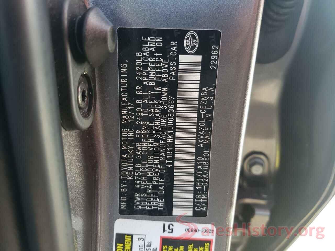 4T1B11HK1JU053667 2018 TOYOTA CAMRY