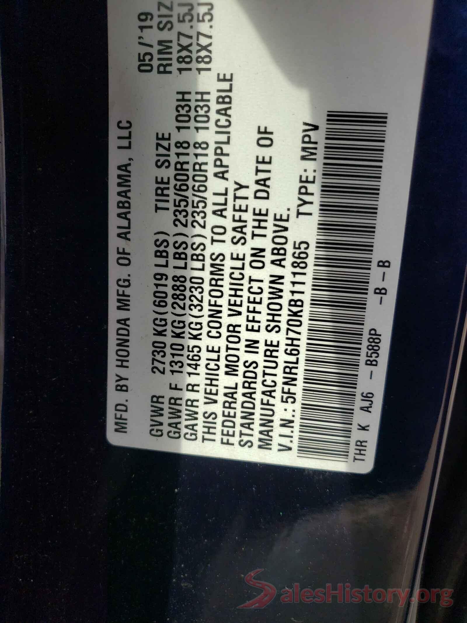 5FNRL6H70KB111865 2019 HONDA ODYSSEY