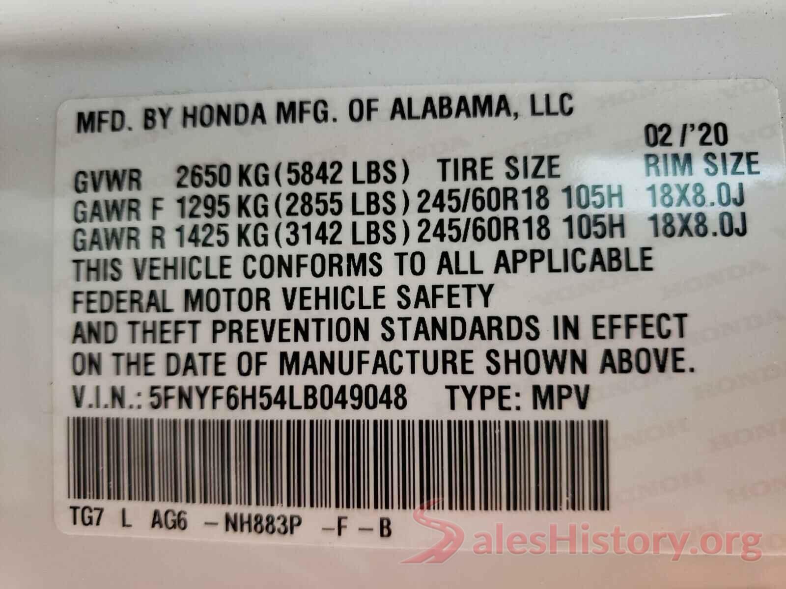 5FNYF6H54LB049048 2020 HONDA PILOT