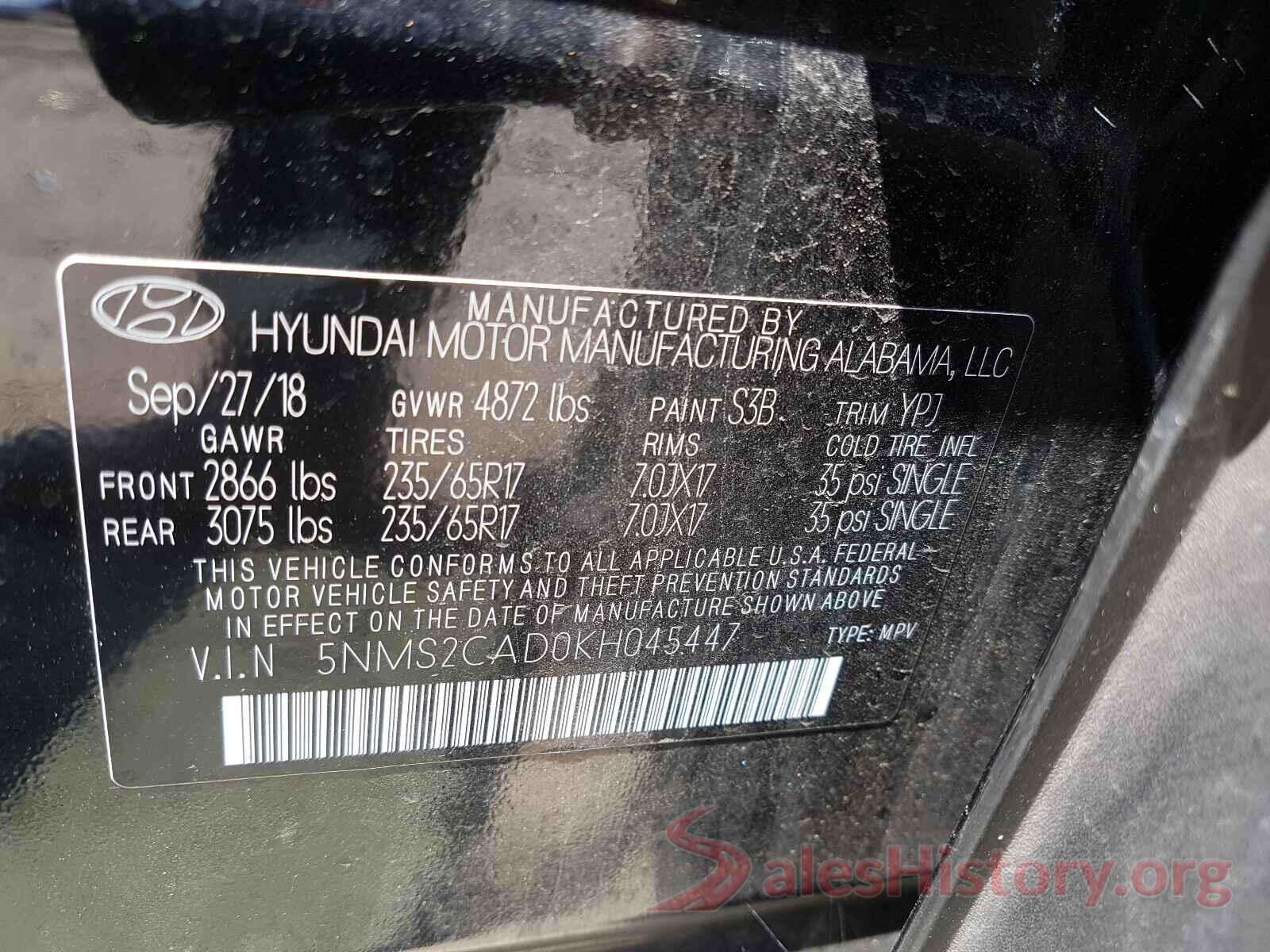 5NMS2CAD0KH045447 2019 HYUNDAI SANTA FE