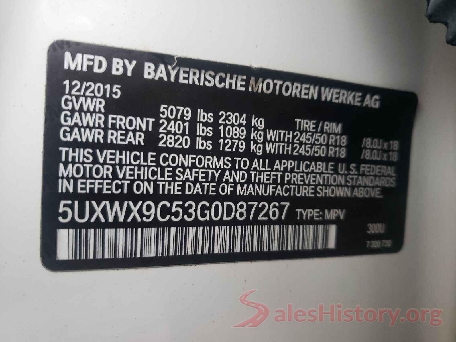 5UXWX9C53G0D87267 2016 BMW X3