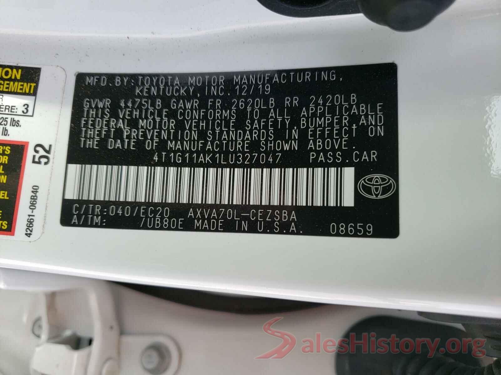 4T1G11AK1LU327047 2020 TOYOTA CAMRY