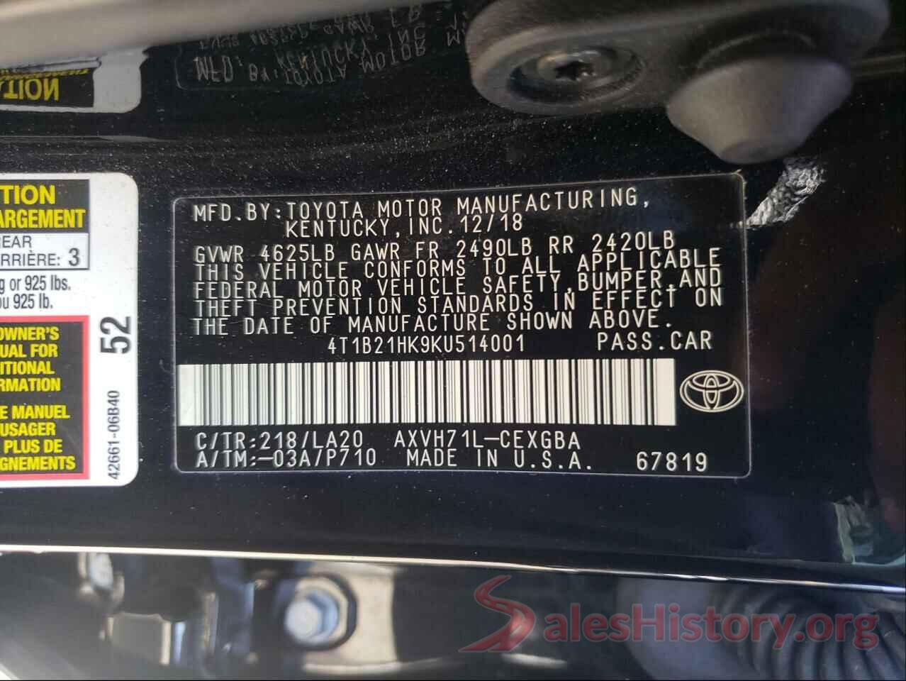 4T1B21HK9KU514001 2019 TOYOTA CAMRY