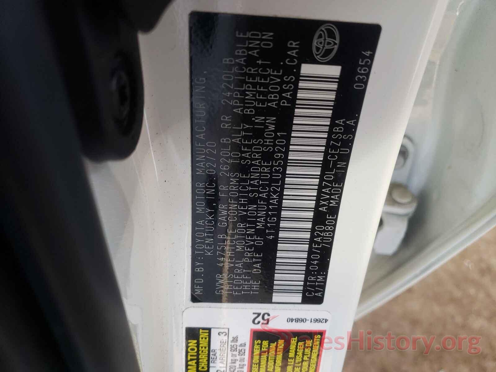 4T1G11AK2LU359201 2020 TOYOTA CAMRY