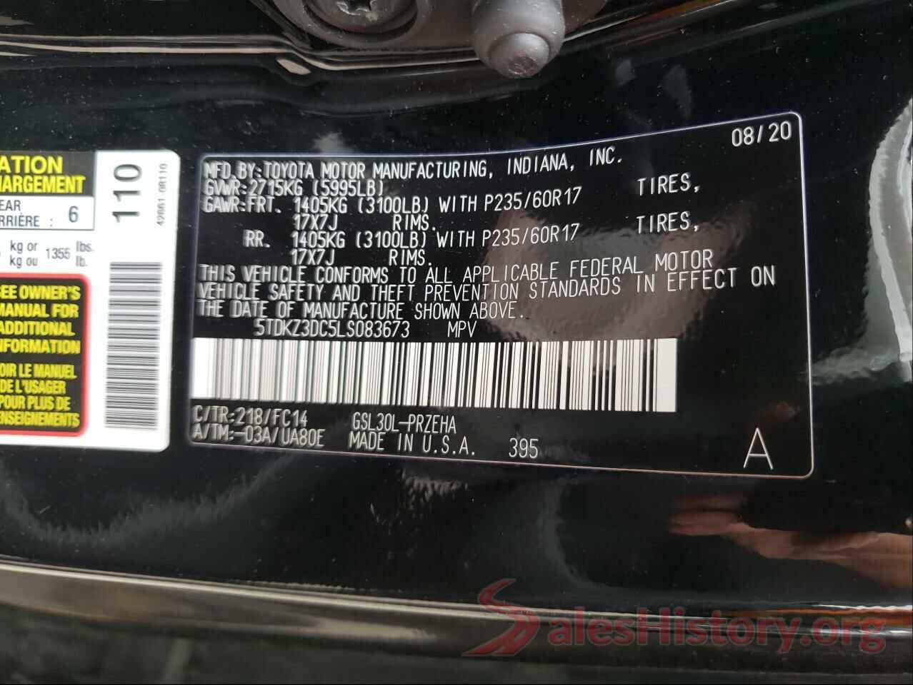 5TDKZ3DC5LS083673 2020 TOYOTA SIENNA