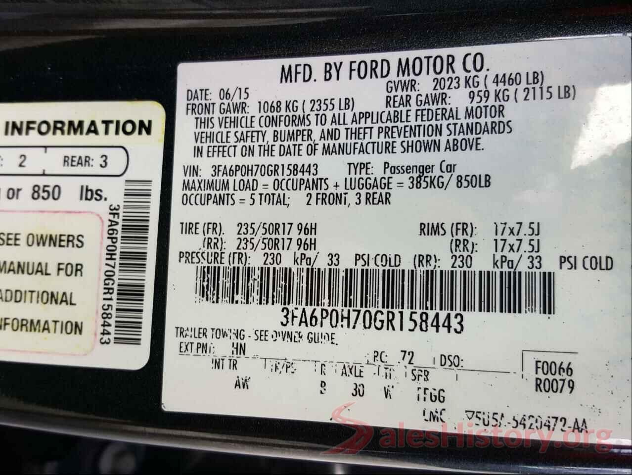 3FA6P0H70GR158443 2016 FORD FUSION