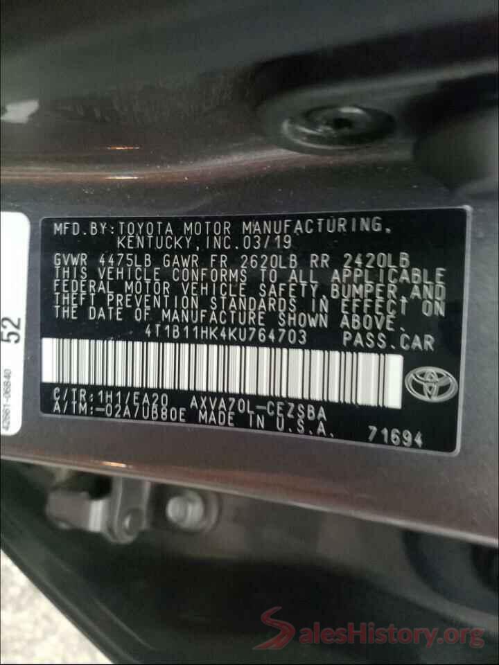 4T1B11HK4KU764703 2019 TOYOTA CAMRY