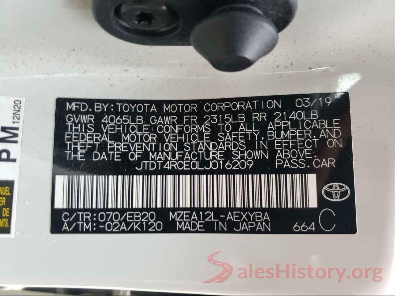 JTDT4RCE0LJ016209 2020 TOYOTA COROLLA