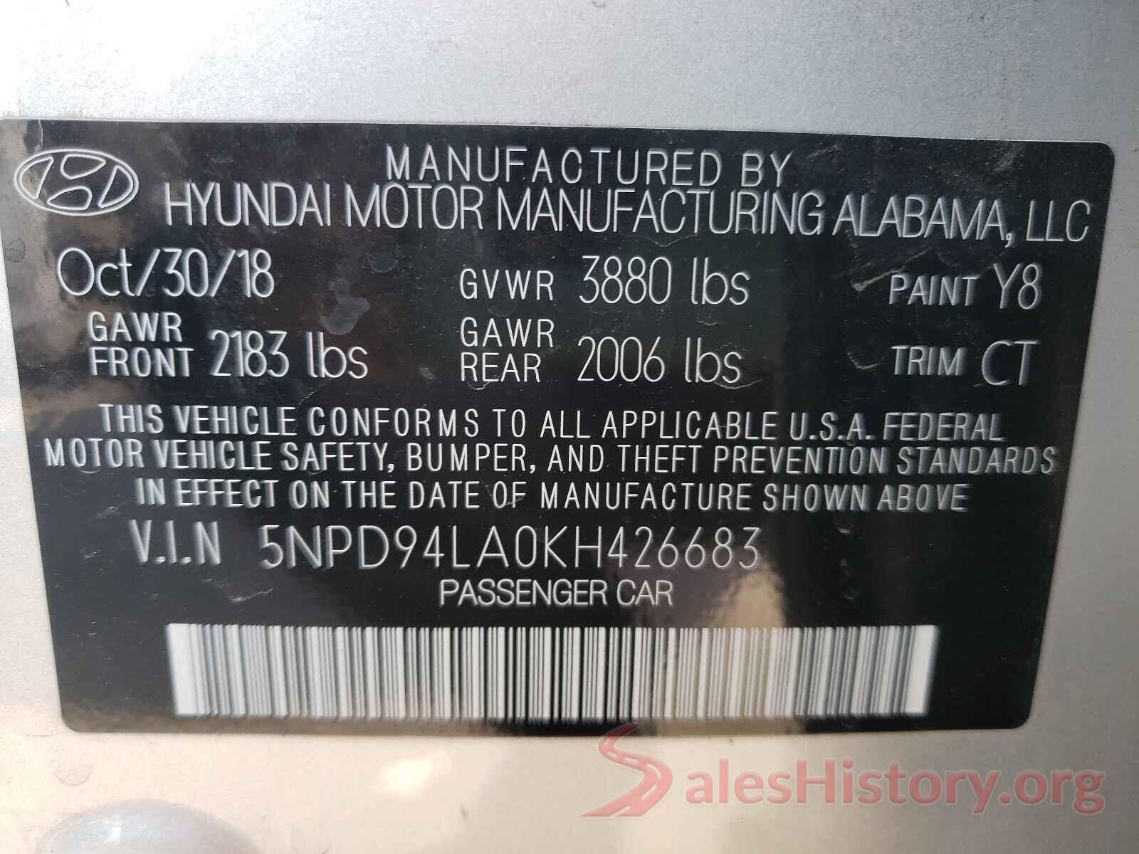 5NPD94LA0KH426683 2019 HYUNDAI ELANTRA