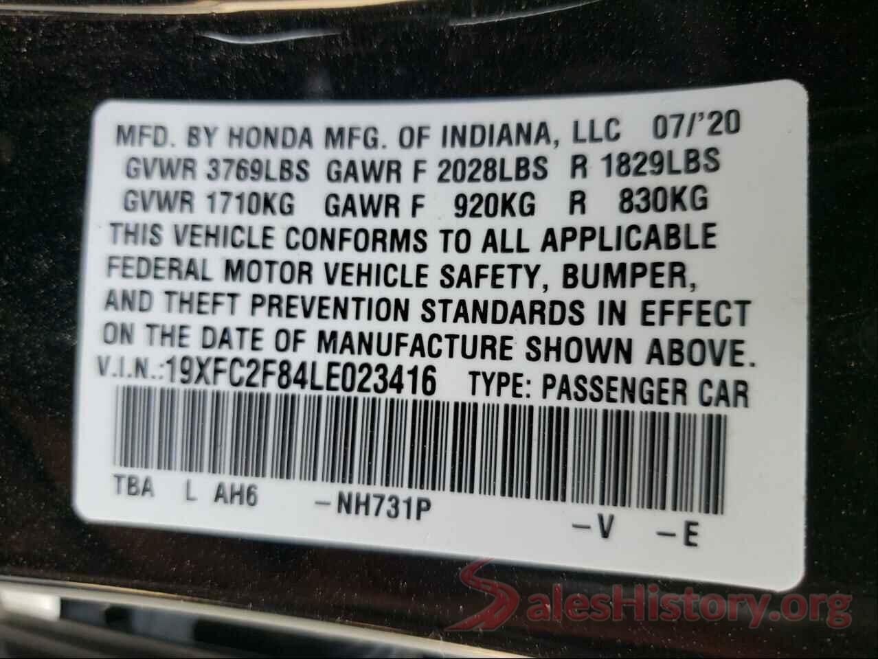 19XFC2F84LE023416 2020 HONDA CIVIC