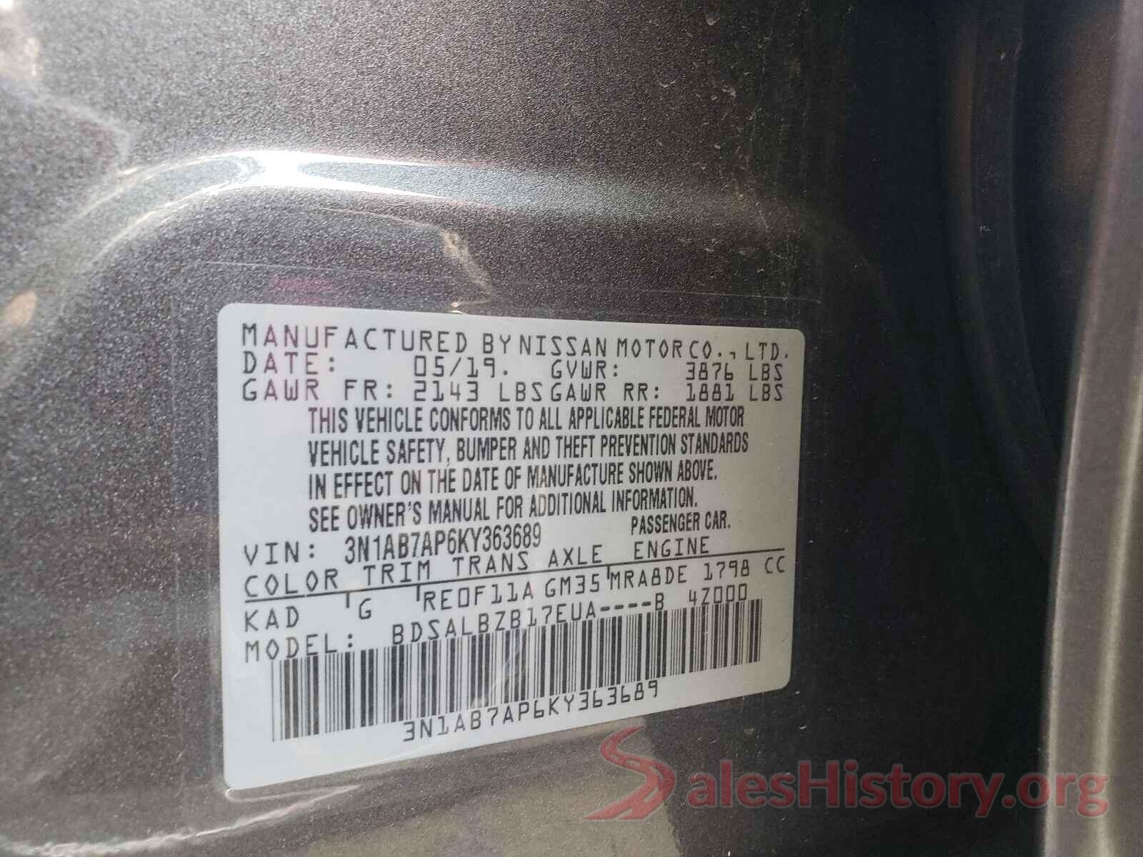 3N1AB7AP6KY363689 2019 NISSAN SENTRA