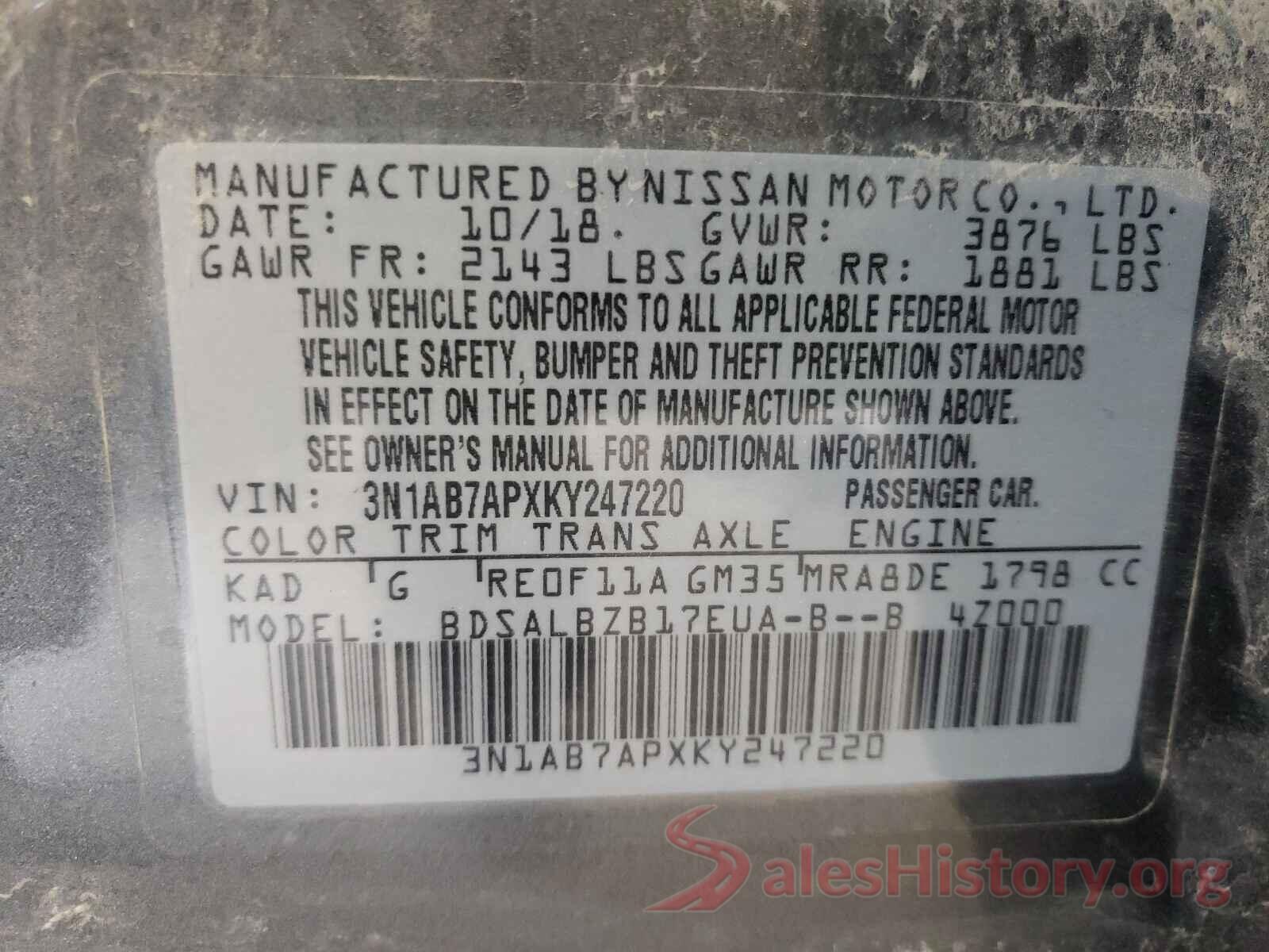 3N1AB7APXKY247220 2019 NISSAN SENTRA