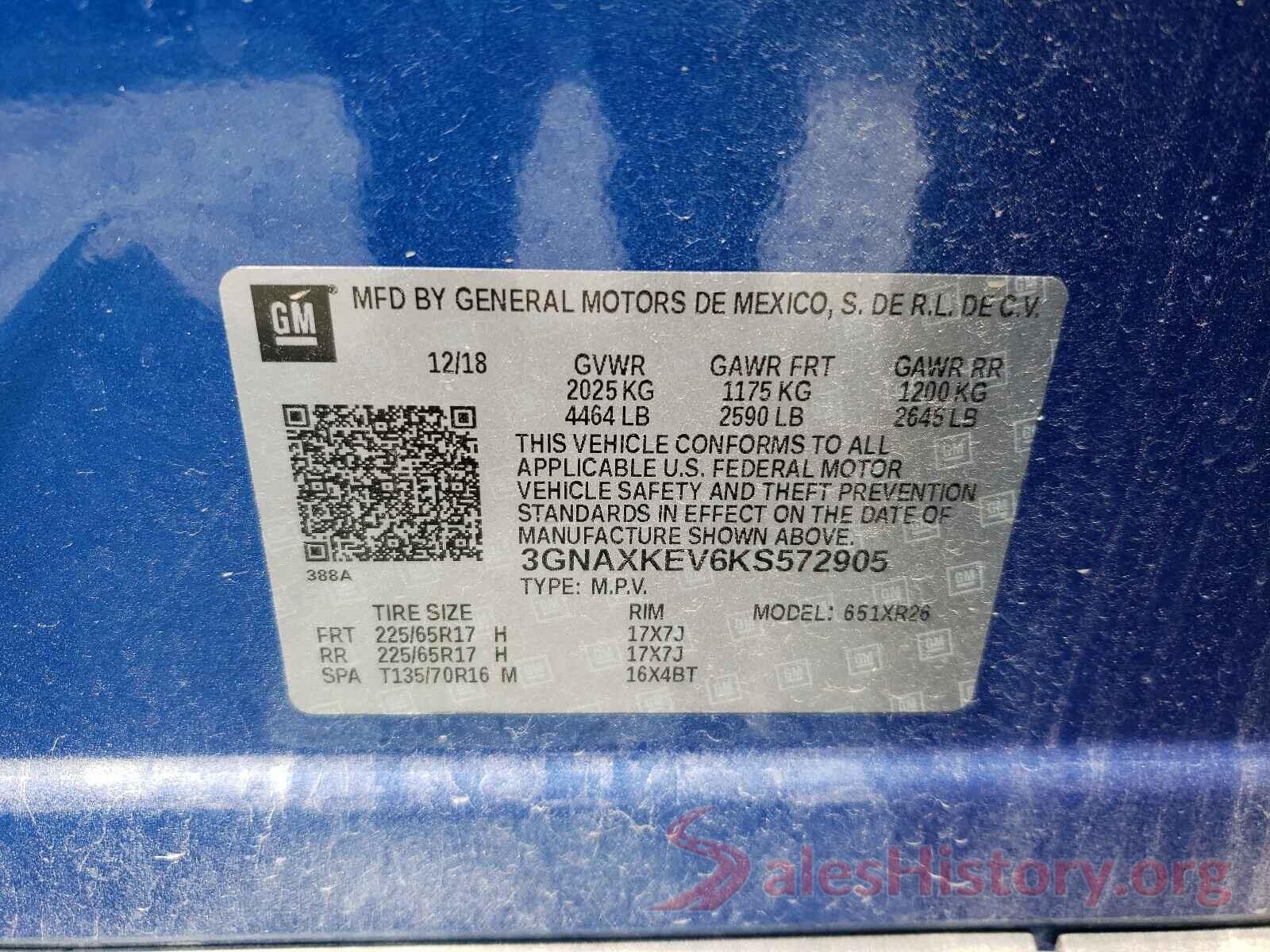 3GNAXKEV6KS572905 2019 CHEVROLET EQUINOX