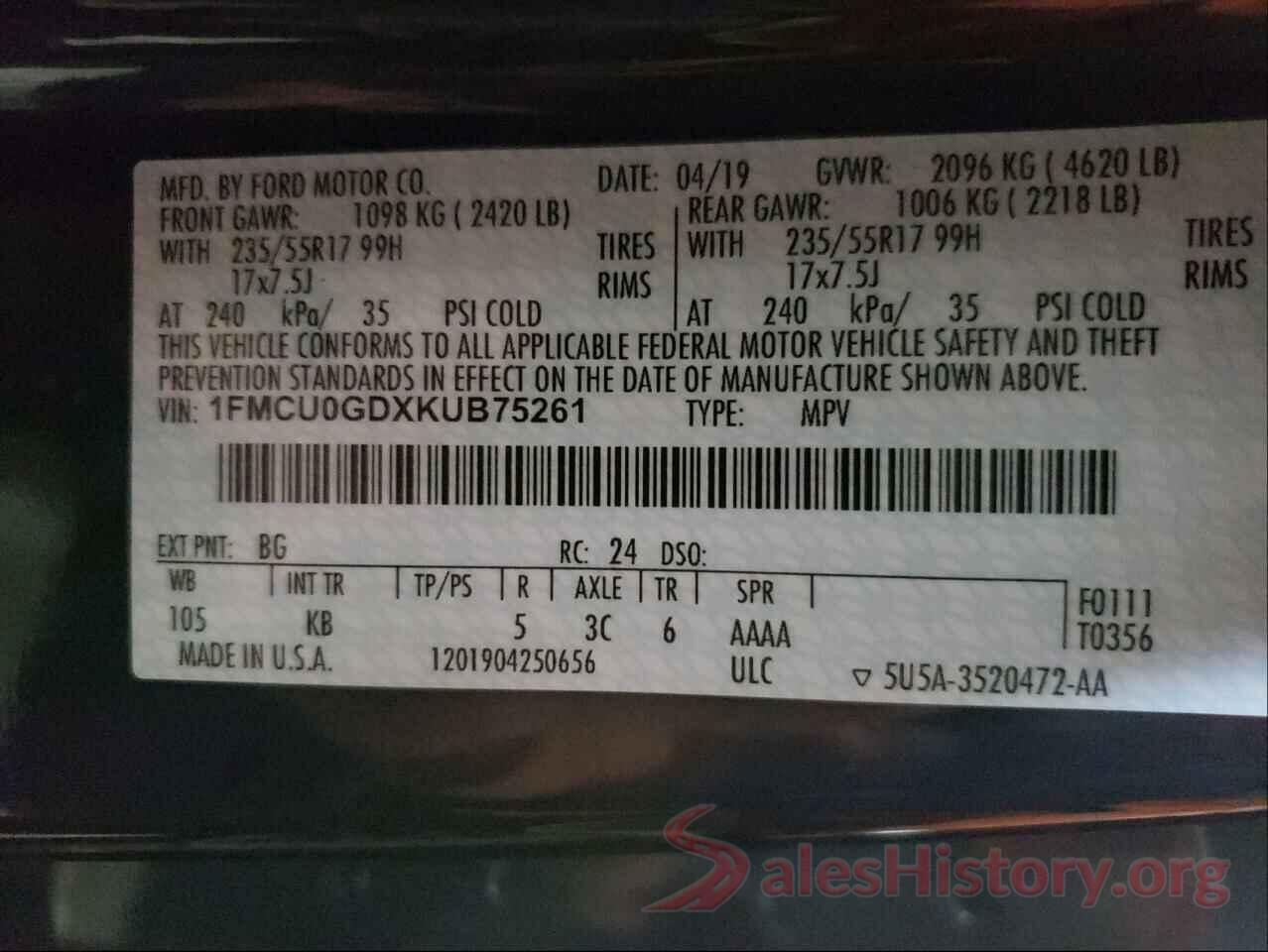 1FMCU0GDXKUB75261 2019 FORD ESCAPE