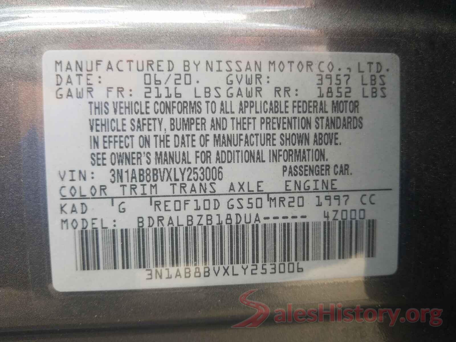 3N1AB8BVXLY253006 2020 NISSAN SENTRA