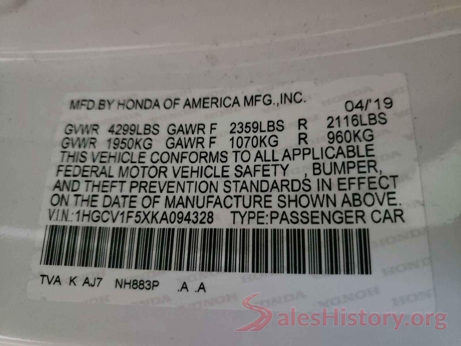 1HGCV1F5XKA094328 2019 HONDA ACCORD