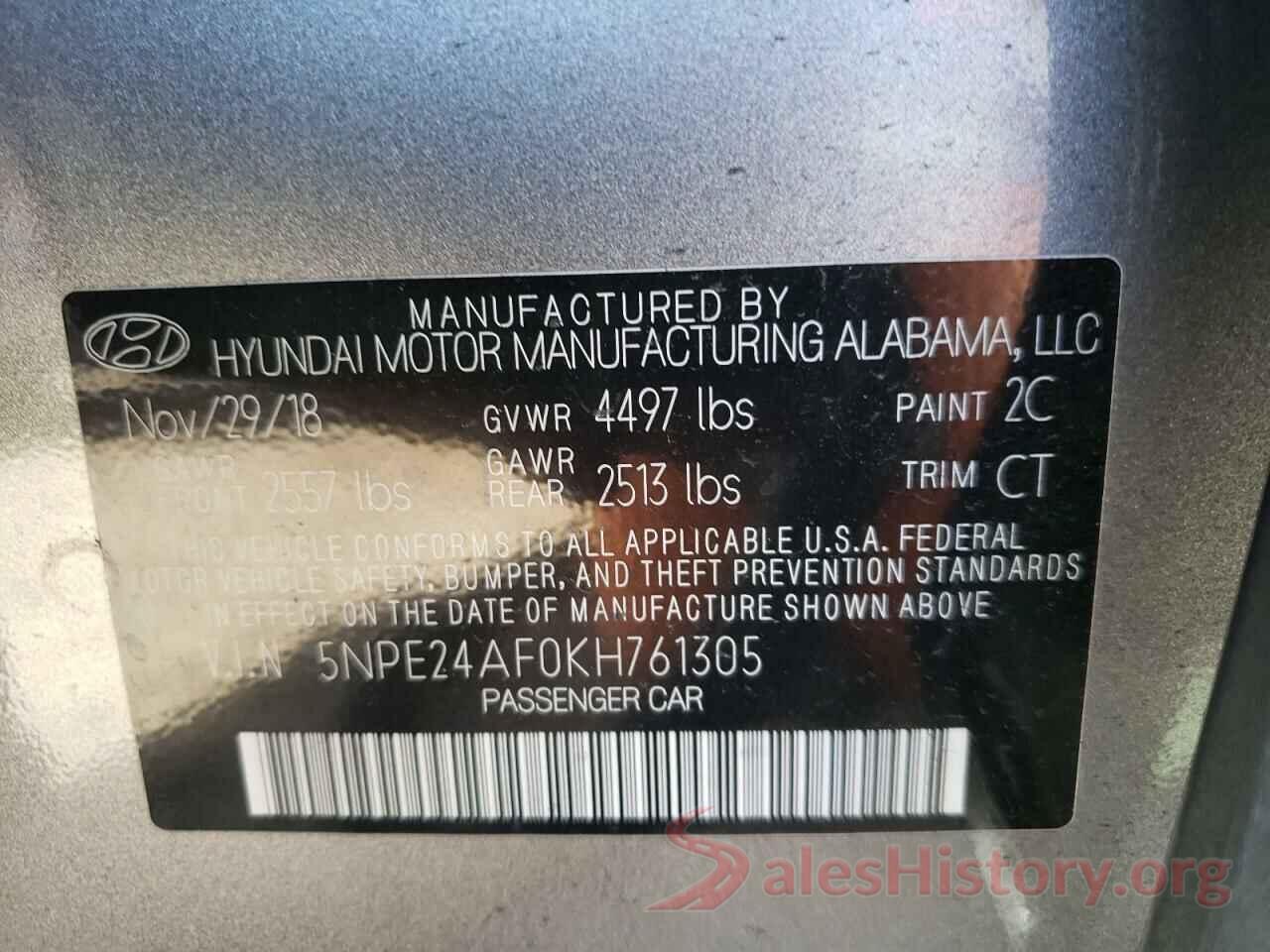 5NPE24AF0KH761305 2019 HYUNDAI SONATA