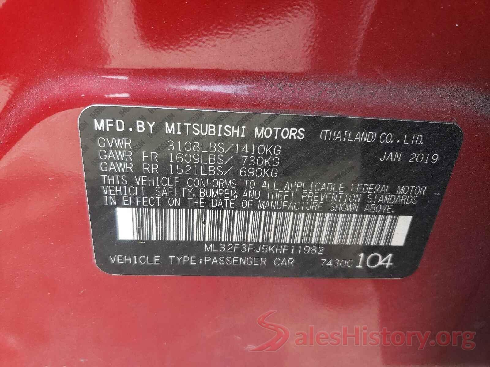 ML32F3FJ5KHF11982 2019 MITSUBISHI MIRAGE