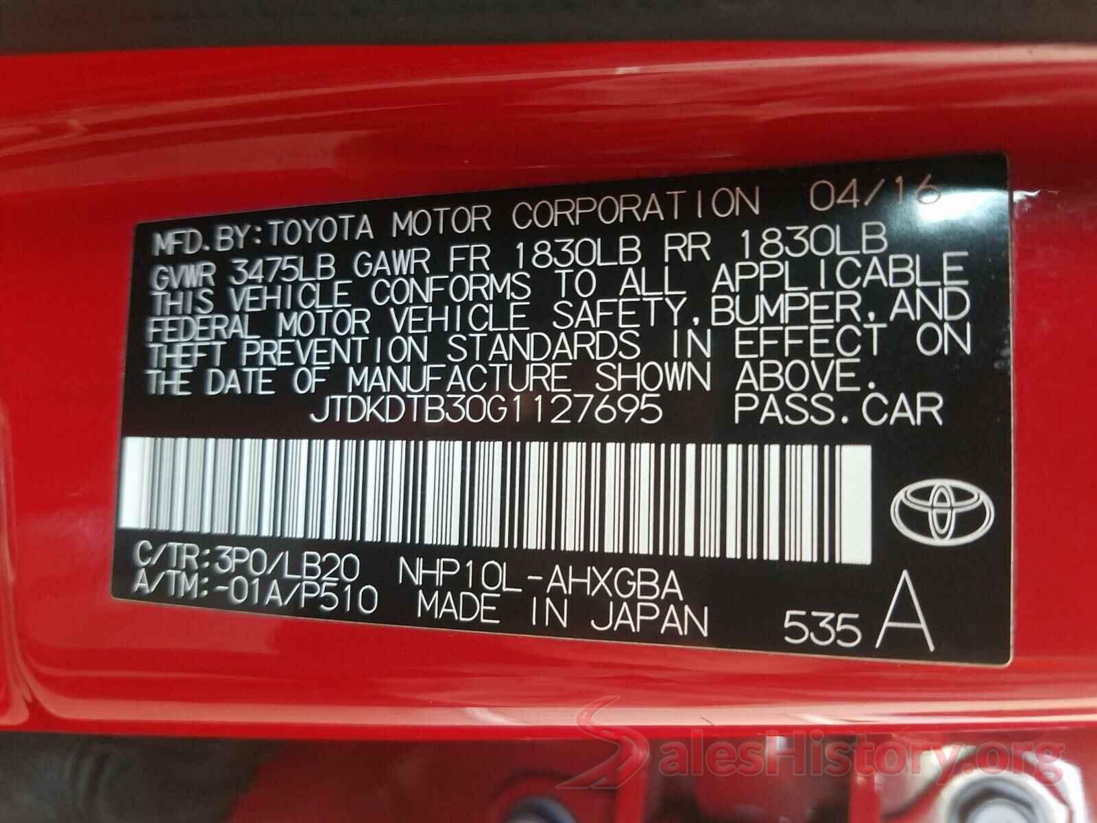 JTDKDTB30G1127695 2016 TOYOTA PRIUS