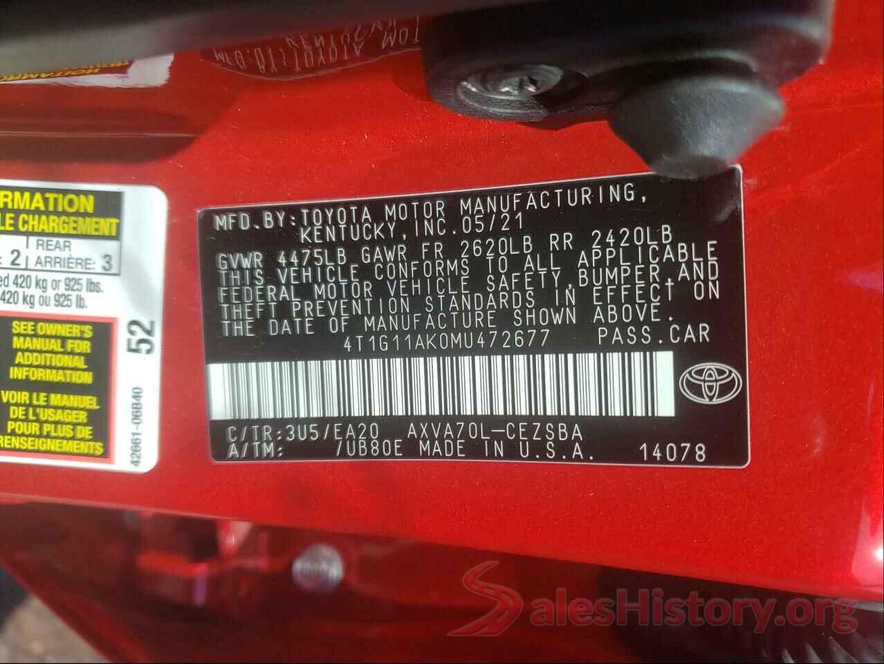 4T1G11AK0MU472677 2021 TOYOTA CAMRY