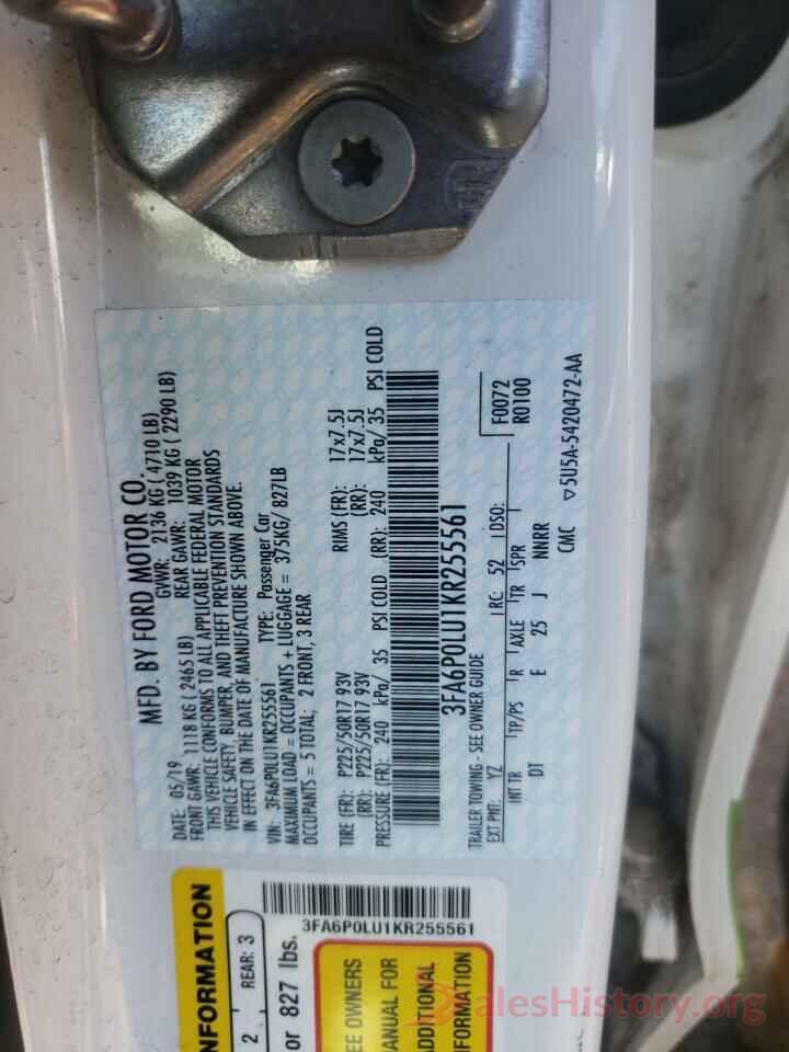 3FA6P0LU1KR255561 2019 FORD FUSION