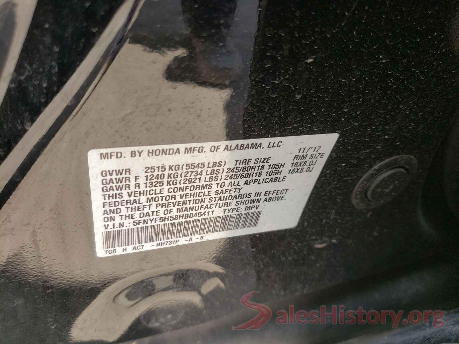 5FNYF5H58HB045411 2017 HONDA PILOT