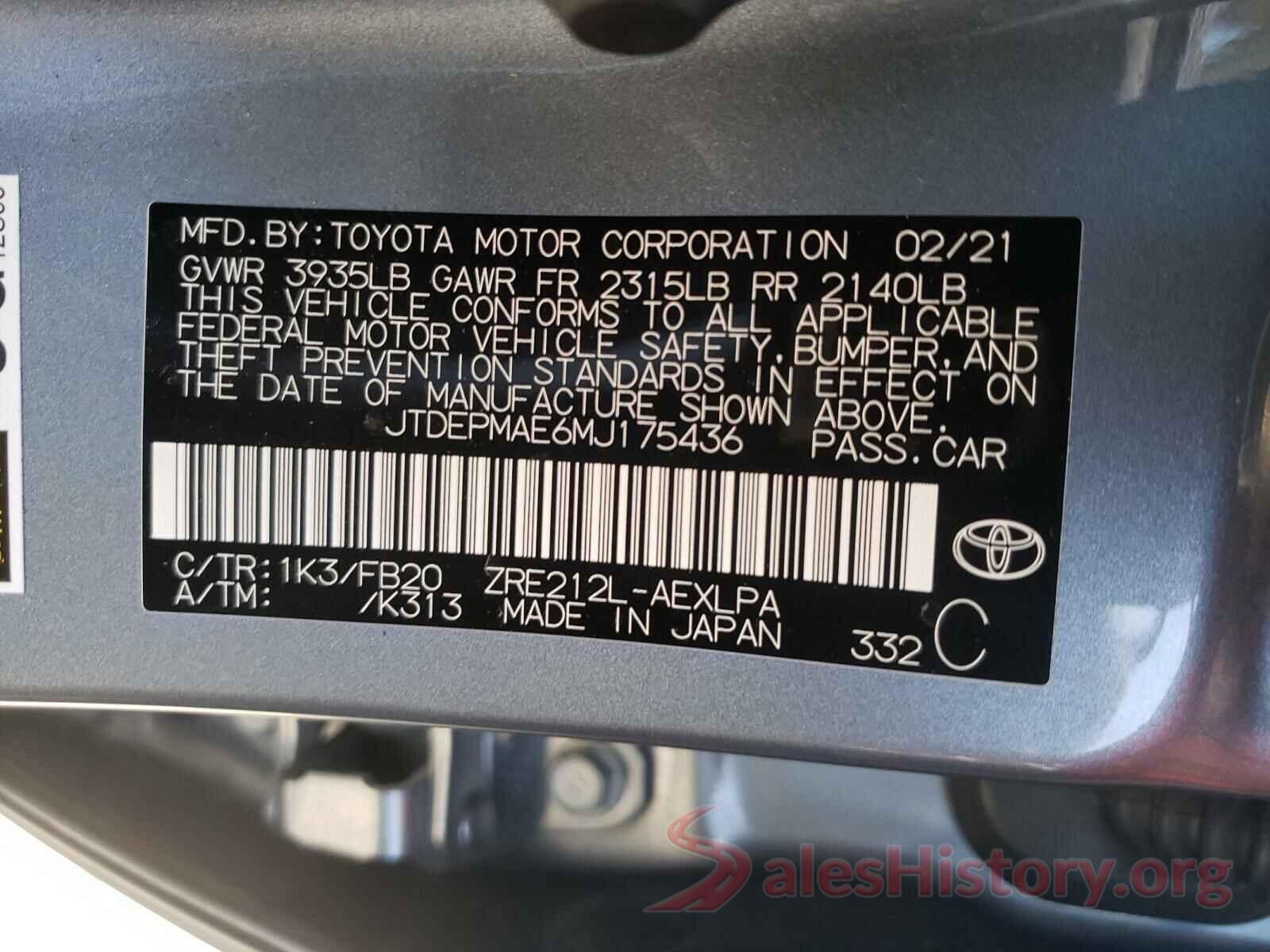 JTDEPMAE6MJ175436 2021 TOYOTA COROLLA