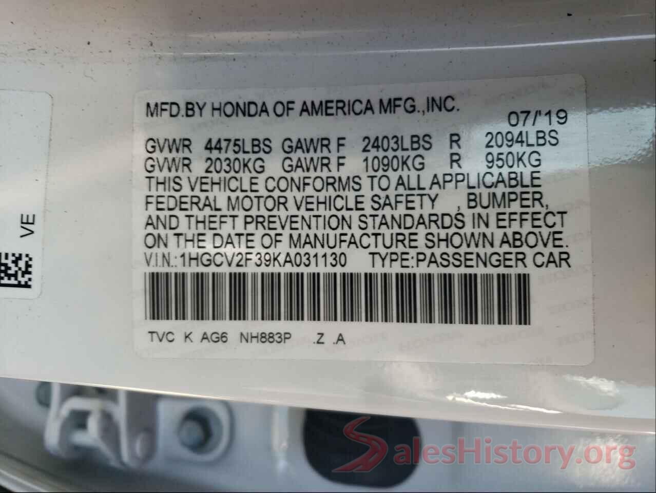 1HGCV2F39KA031130 2019 HONDA ACCORD