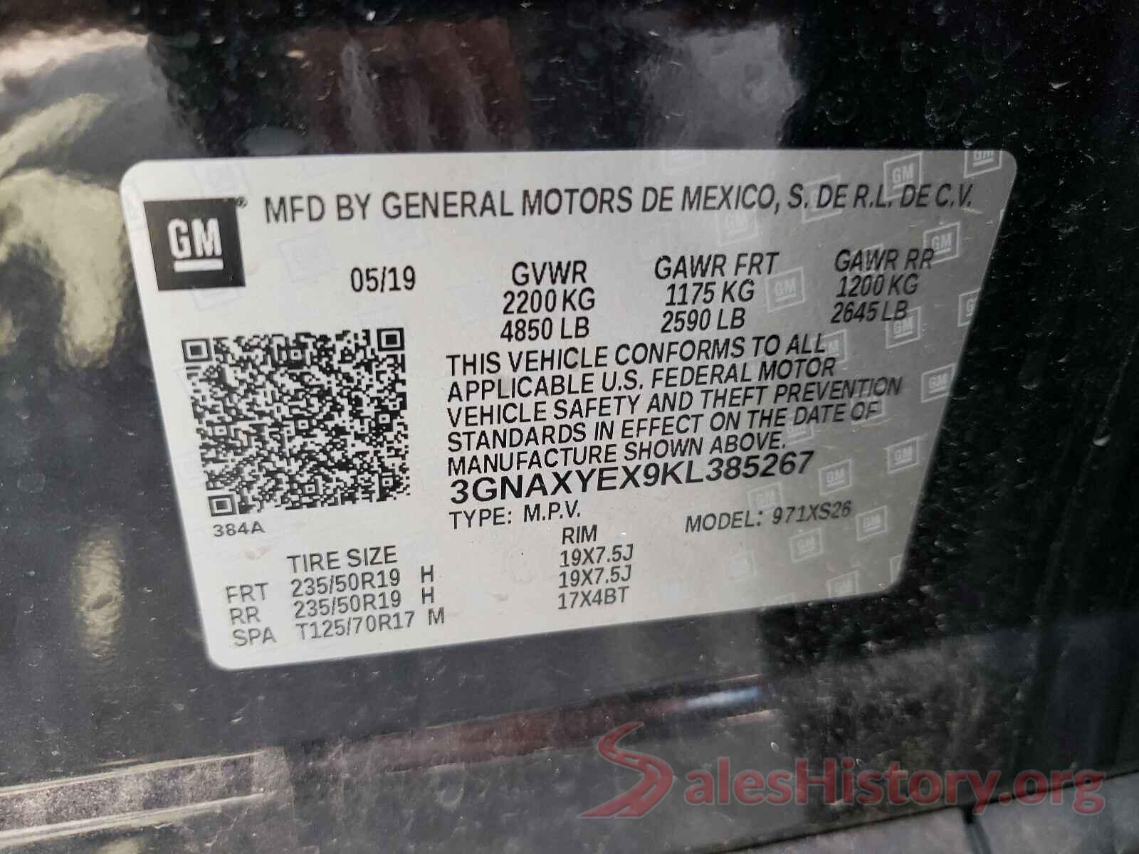 3GNAXYEX9KL385267 2019 CHEVROLET EQUINOX