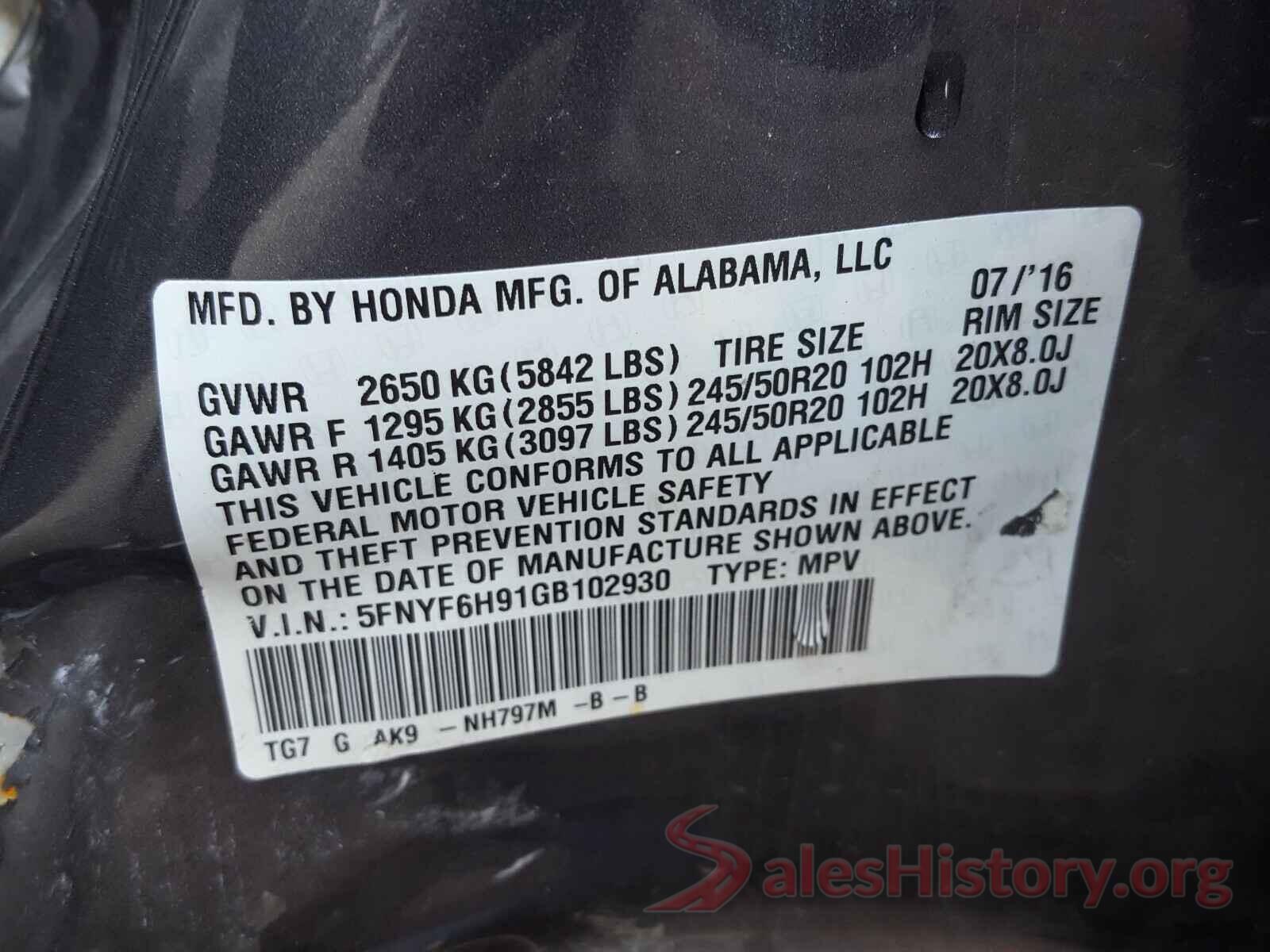 5FNYF6H91GB102930 2016 HONDA PILOT