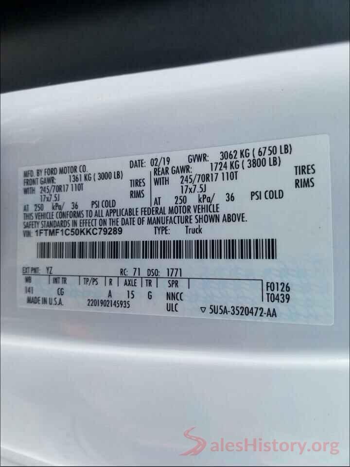 1FTMF1C50KKC79289 2019 FORD F150