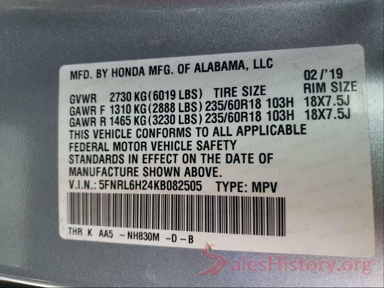 5FNRL6H24KB082505 2019 HONDA ODYSSEY