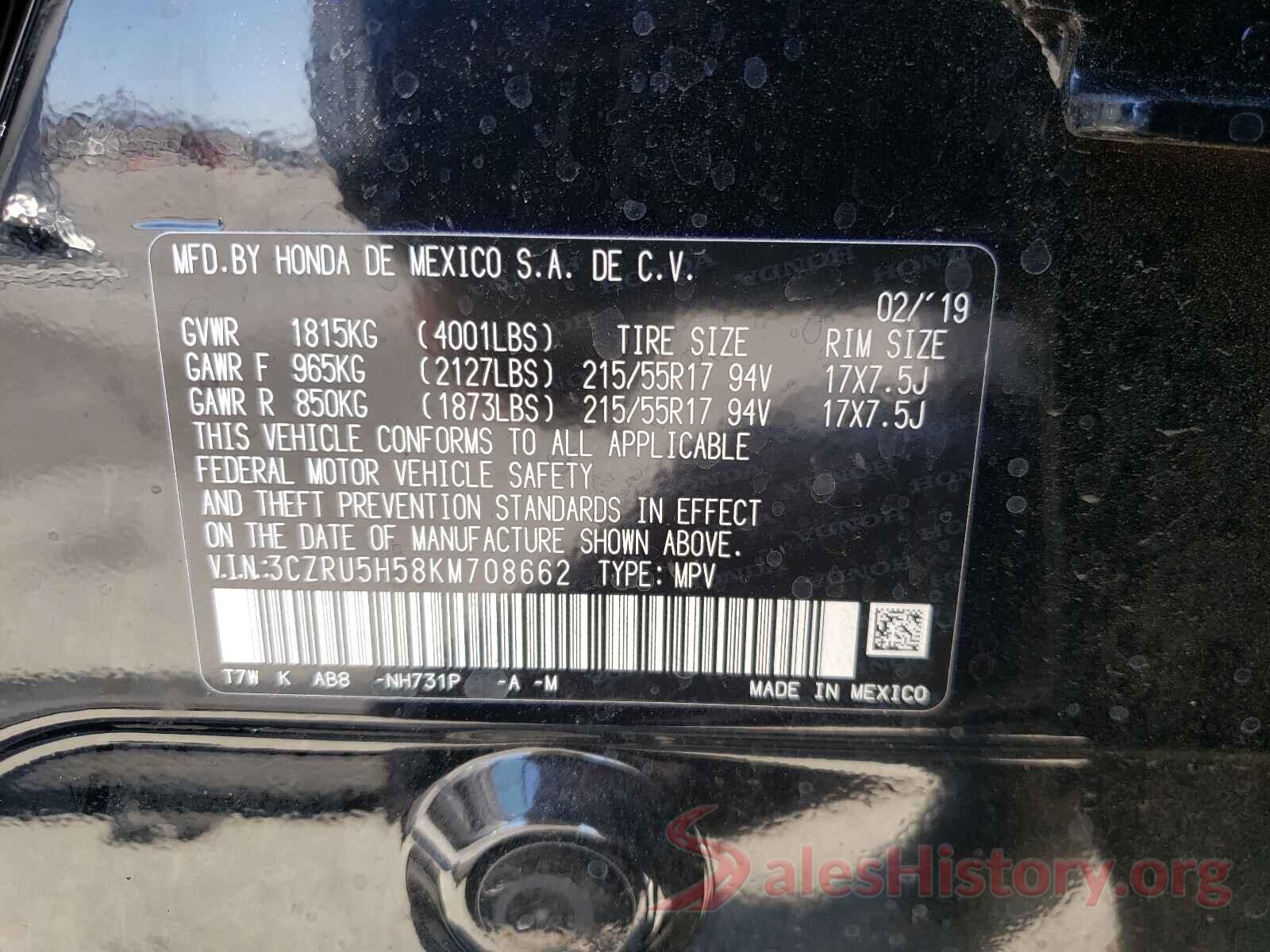 3CZRU5H58KM708662 2019 HONDA HR-V