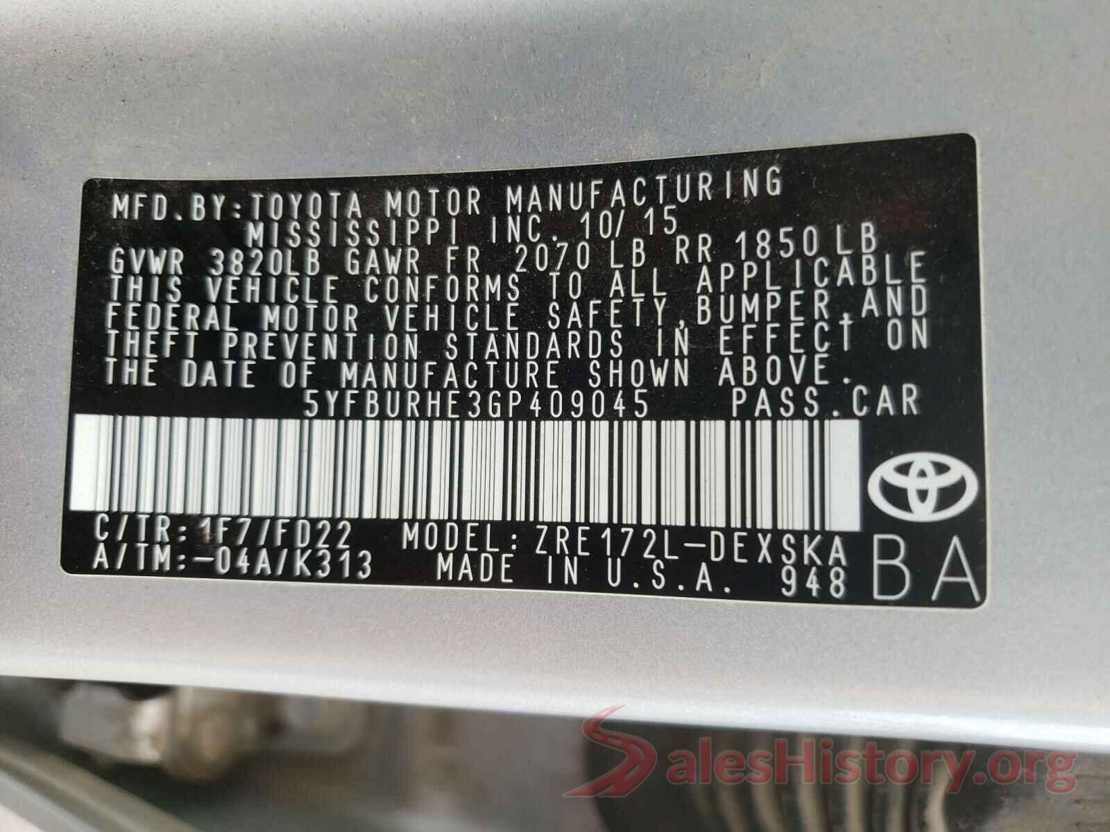 5YFBURHE3GP409045 2016 TOYOTA COROLLA