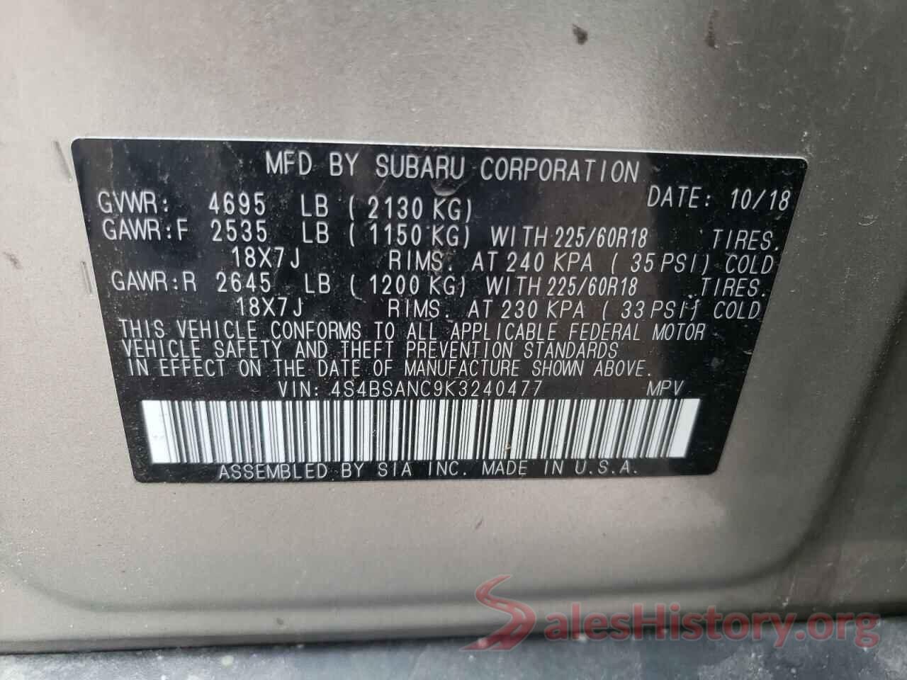 4S4BSANC9K3240477 2019 SUBARU OUTBACK