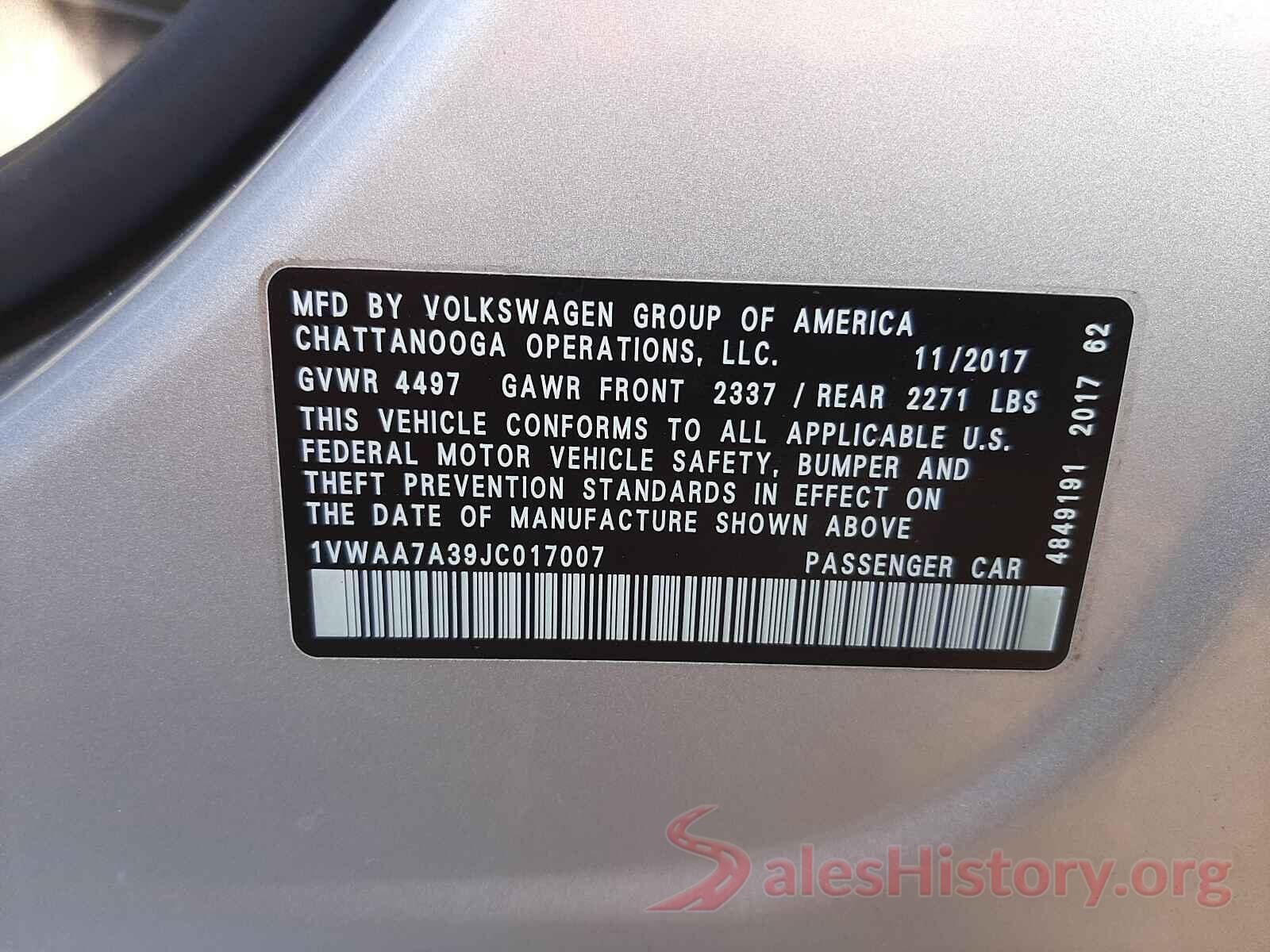 1VWAA7A39JC017007 2018 VOLKSWAGEN PASSAT