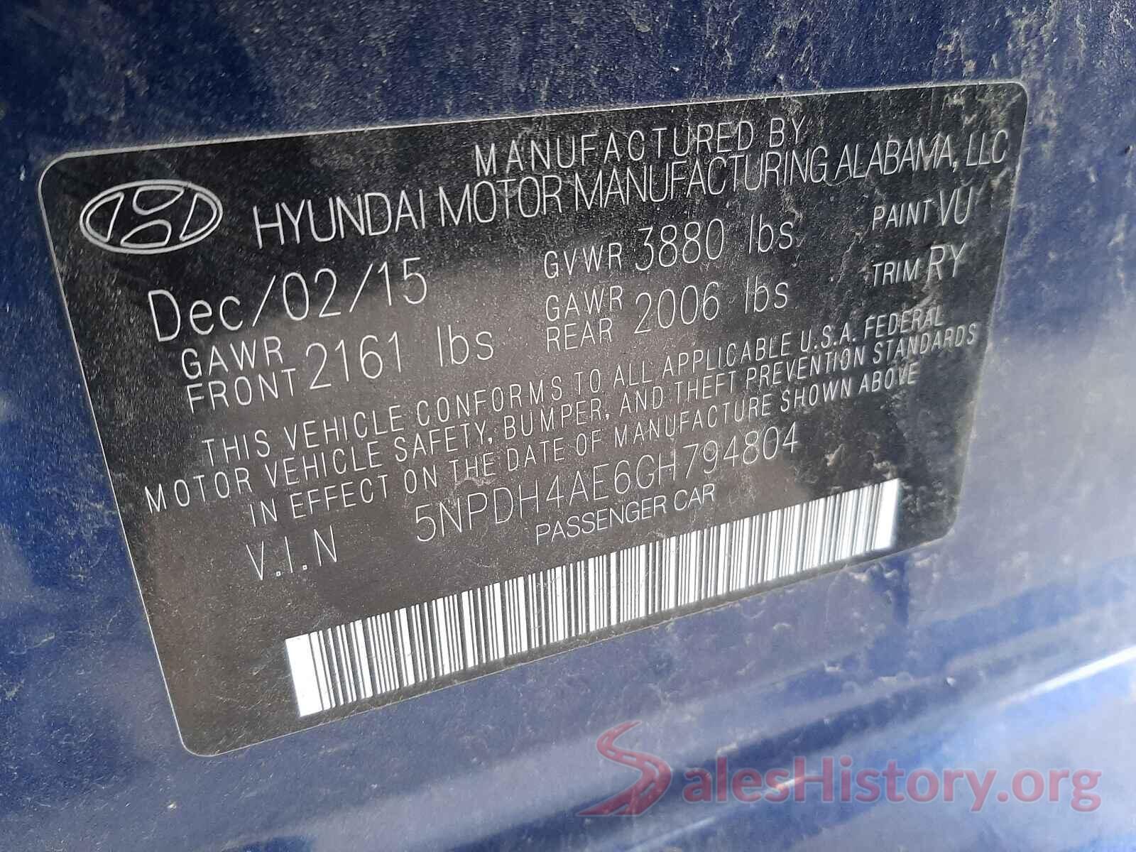 5NPDH4AE6GH794804 2016 HYUNDAI ELANTRA