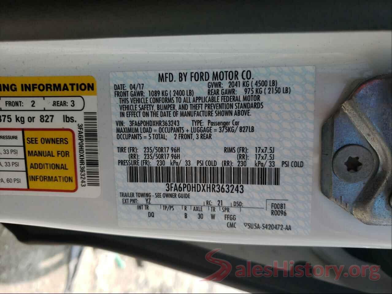 3FA6P0HDXHR363243 2017 FORD FUSION