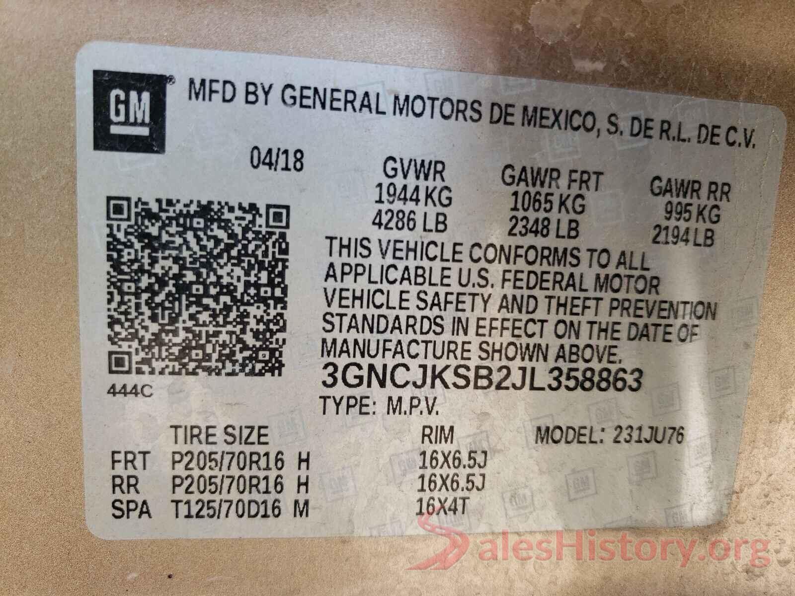 3GNCJKSB2JL358863 2018 CHEVROLET TRAX