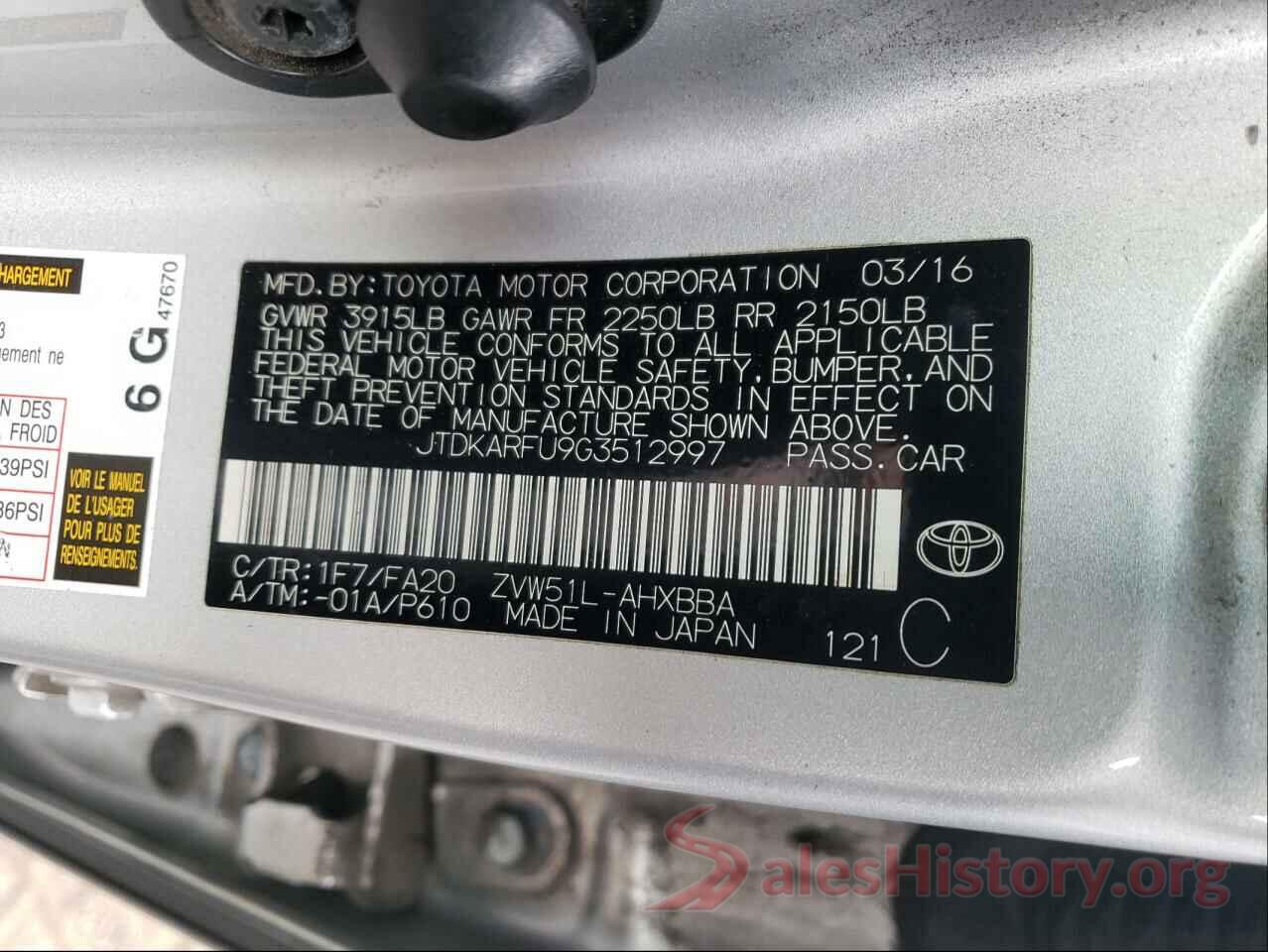 JTDKARFU9G3512997 2016 TOYOTA PRIUS