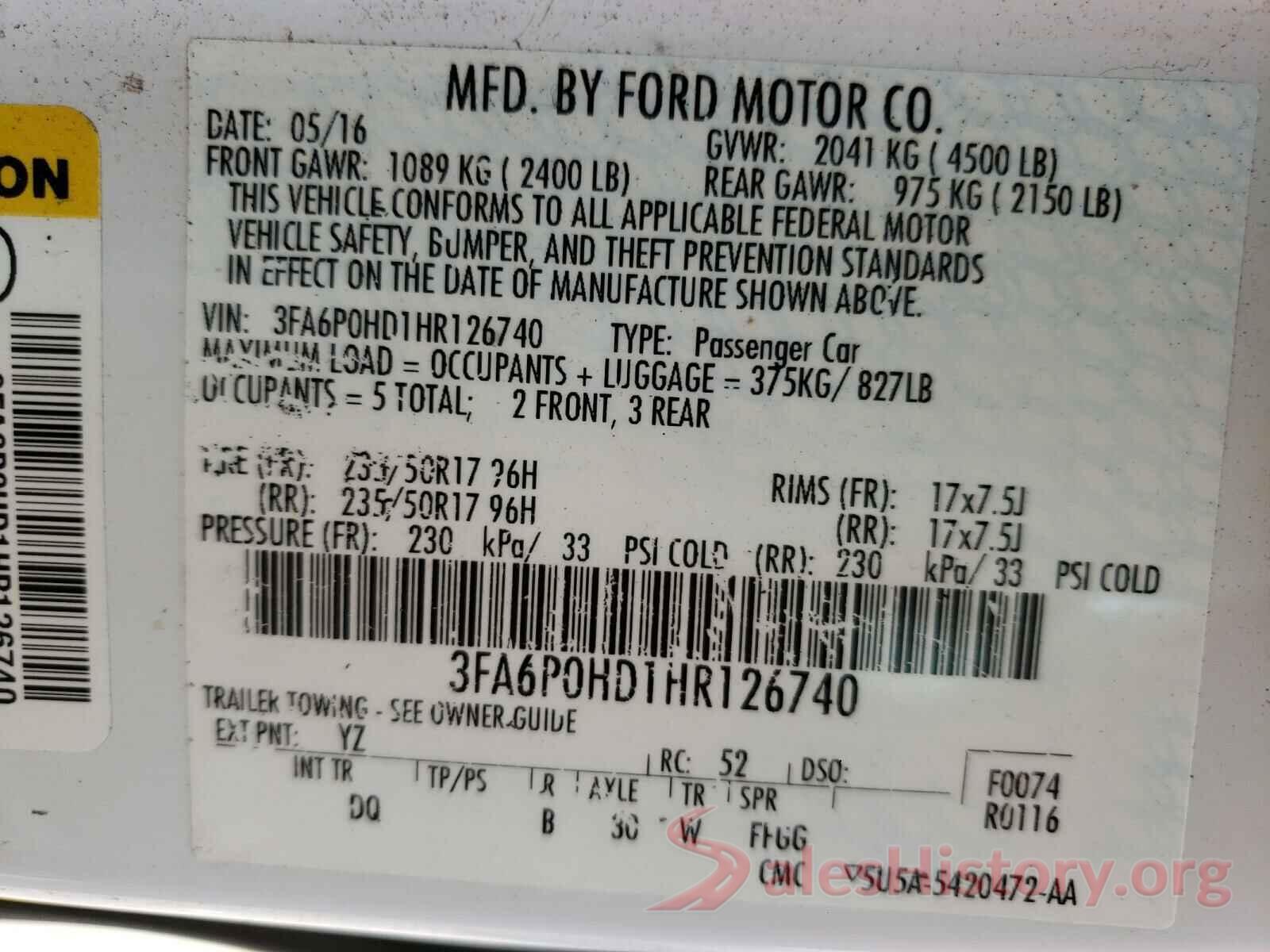 3FA6P0HD1HR126740 2017 FORD FUSION