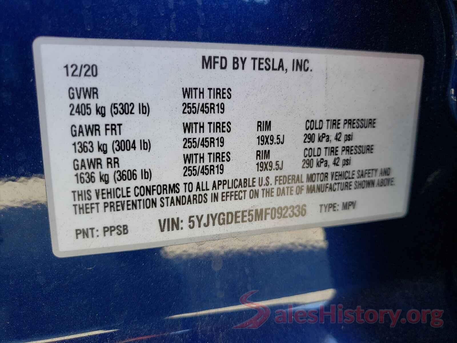 5YJYGDEE5MF092336 2021 TESLA MODEL Y