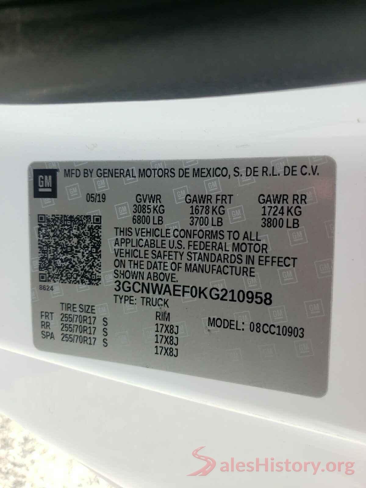 3GCNWAEF0KG210958 2019 CHEVROLET SILVERADO