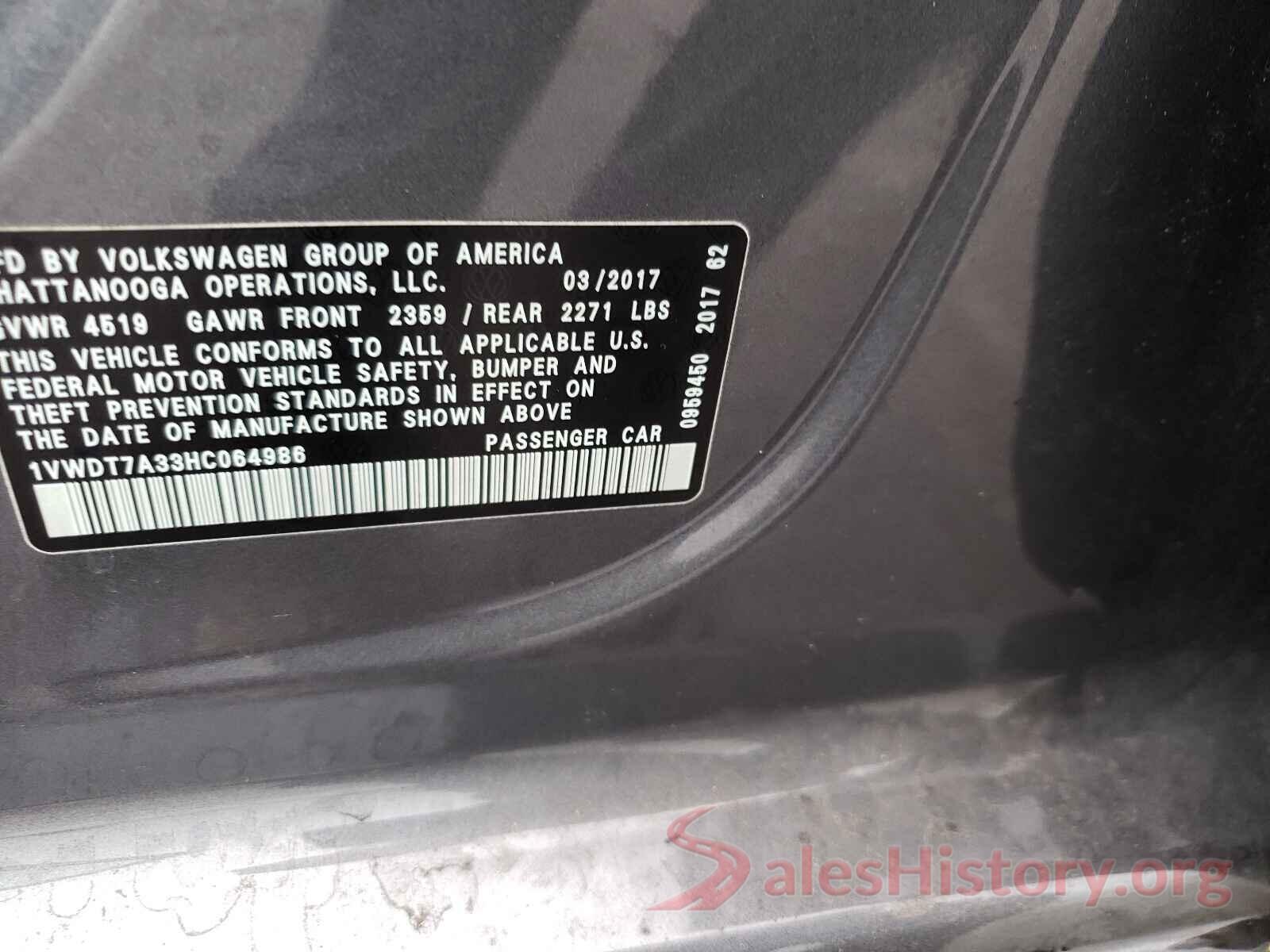 1VWDT7A33HC064986 2017 VOLKSWAGEN PASSAT