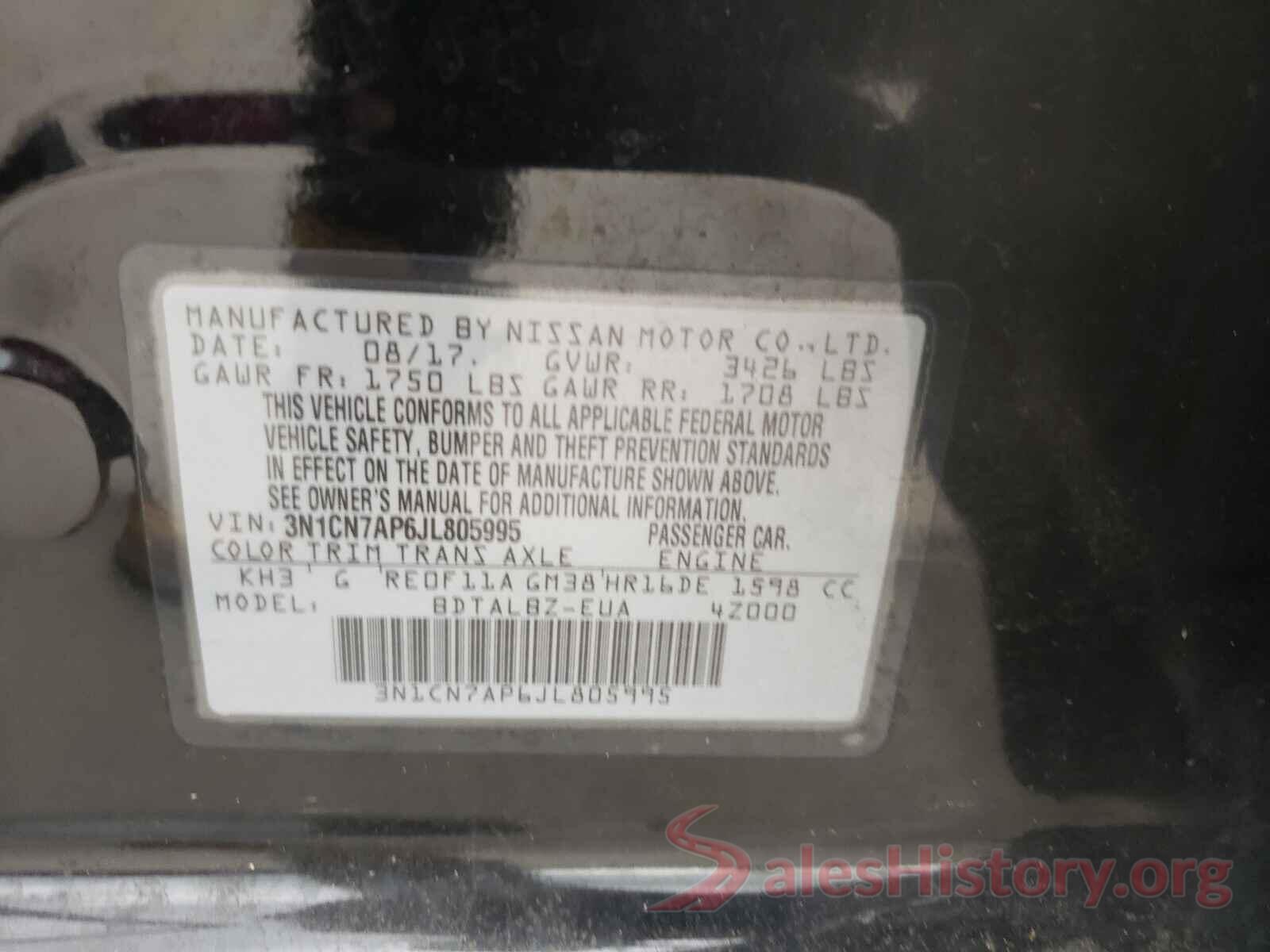 3N1CN7AP6JL805995 2018 NISSAN VERSA