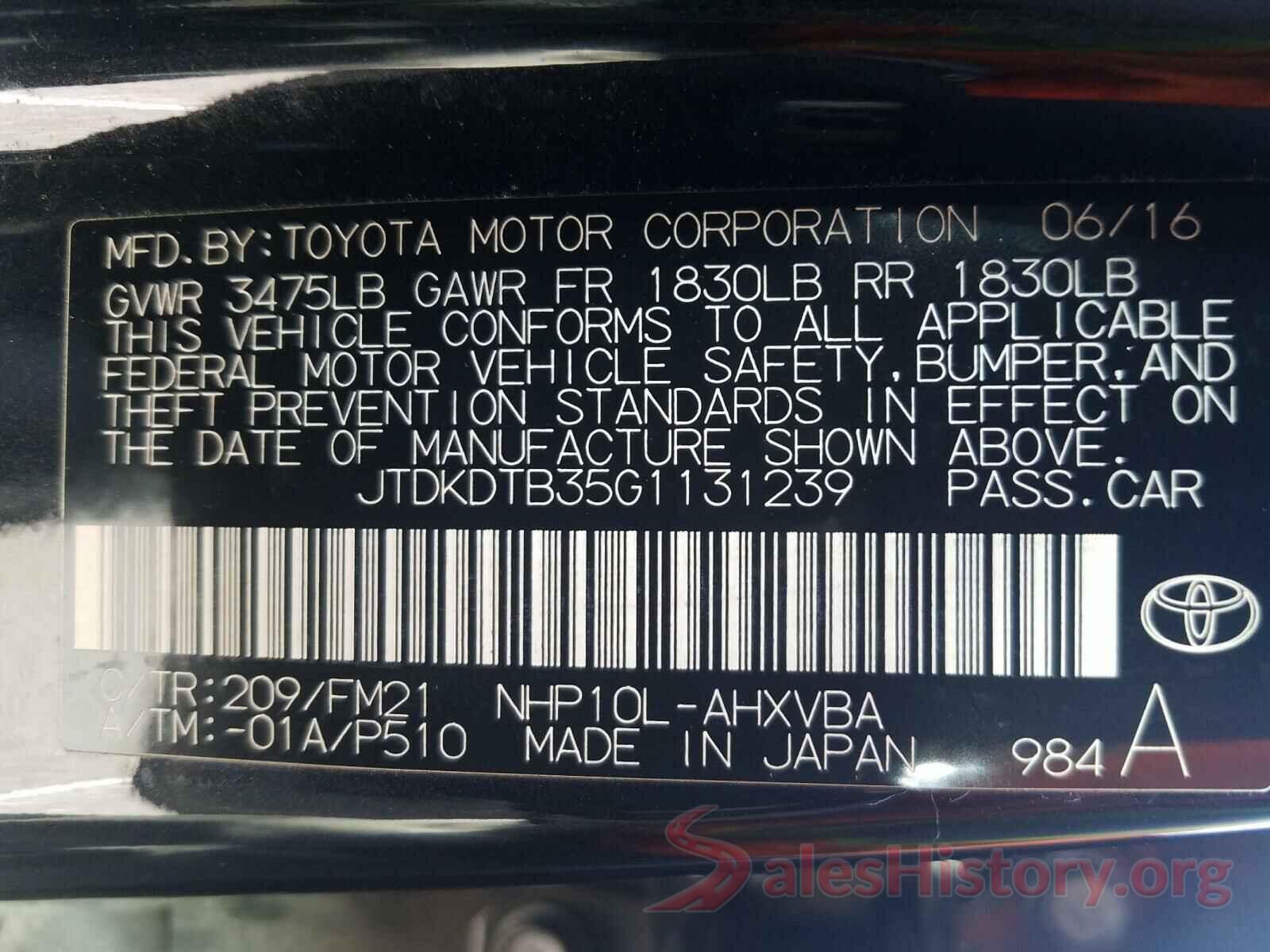 JTDKDTB35G1131239 2016 TOYOTA PRIUS